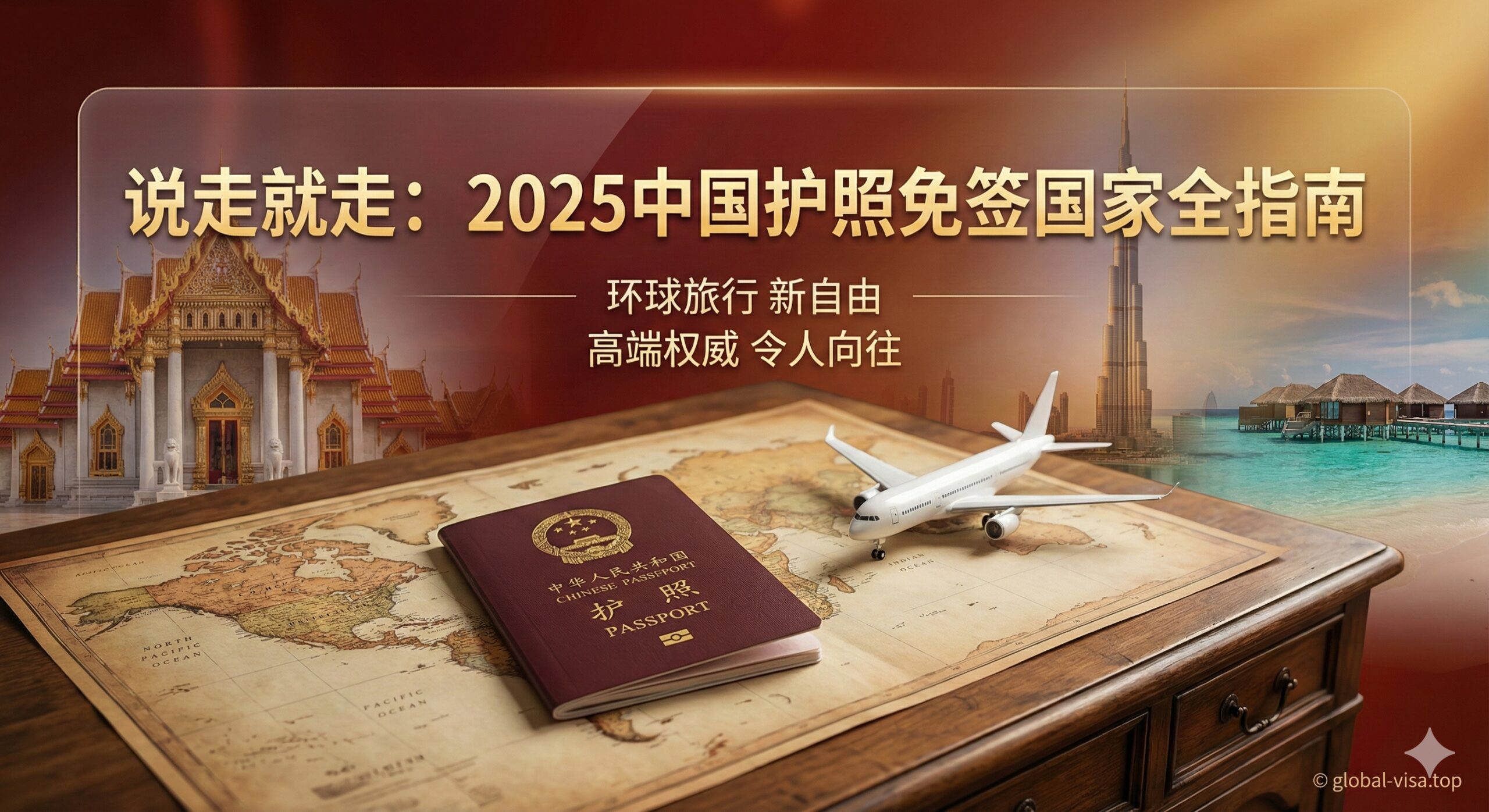 一张极具视觉冲击力的高清封面图，核心元素是一本质感真实的中国护照放置在复古风格的世界地图之上，旁边停放着一架精致的白色飞机模型，象征着'说走就走'的旅行自由。背景融合了主要免签国家的标志性建筑剪影，如泰国的金碧辉煌的大皇宫、迪拜的哈利法塔和马尔代夫的蔚蓝海滩。整体色调采用温暖的金色与大气的深红色结合，营造出高端、权威且令人向往的旅行氛围，构图留有上方空白以便叠加文章标题。