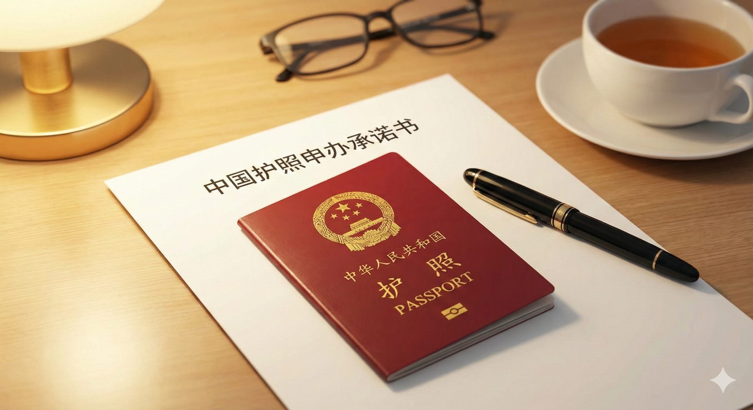 一张高清专业的桌面静物摄影图。画面中心放置着一本标准的红色中国护照，金色的国徽清晰可见，旁边平铺着一份标题为“中国护照申办承诺书”的纸质文件。一只高档黑色签字笔斜放在文件上，暗示签署准备就绪。背景是干净的木质办公桌，配以柔和的暖色调灯光，营造出正式、严谨且令人安心的官方办理氛围，完美契合global-visa.top的专业形象。
