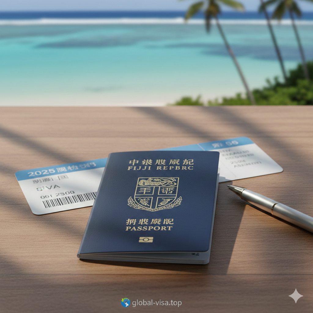 一张极具吸引力的文章封面图，视觉中心是一本高清晰度的斐济护照放置在质感温润的木质桌面上。背景虚化，隐约展示出斐济标志性的碧蓝海水和椰林剪影，营造出南太平洋的自然氛围。画面光线明亮自然，阳光透过树叶洒在护照旁，旁边放着一张飞往苏瓦的登机牌和一支钢笔，寓意开启新的旅程。整体色调为斐济蓝与暖木色搭配，风格专业且充满希望，适合移民资讯类网站封面。