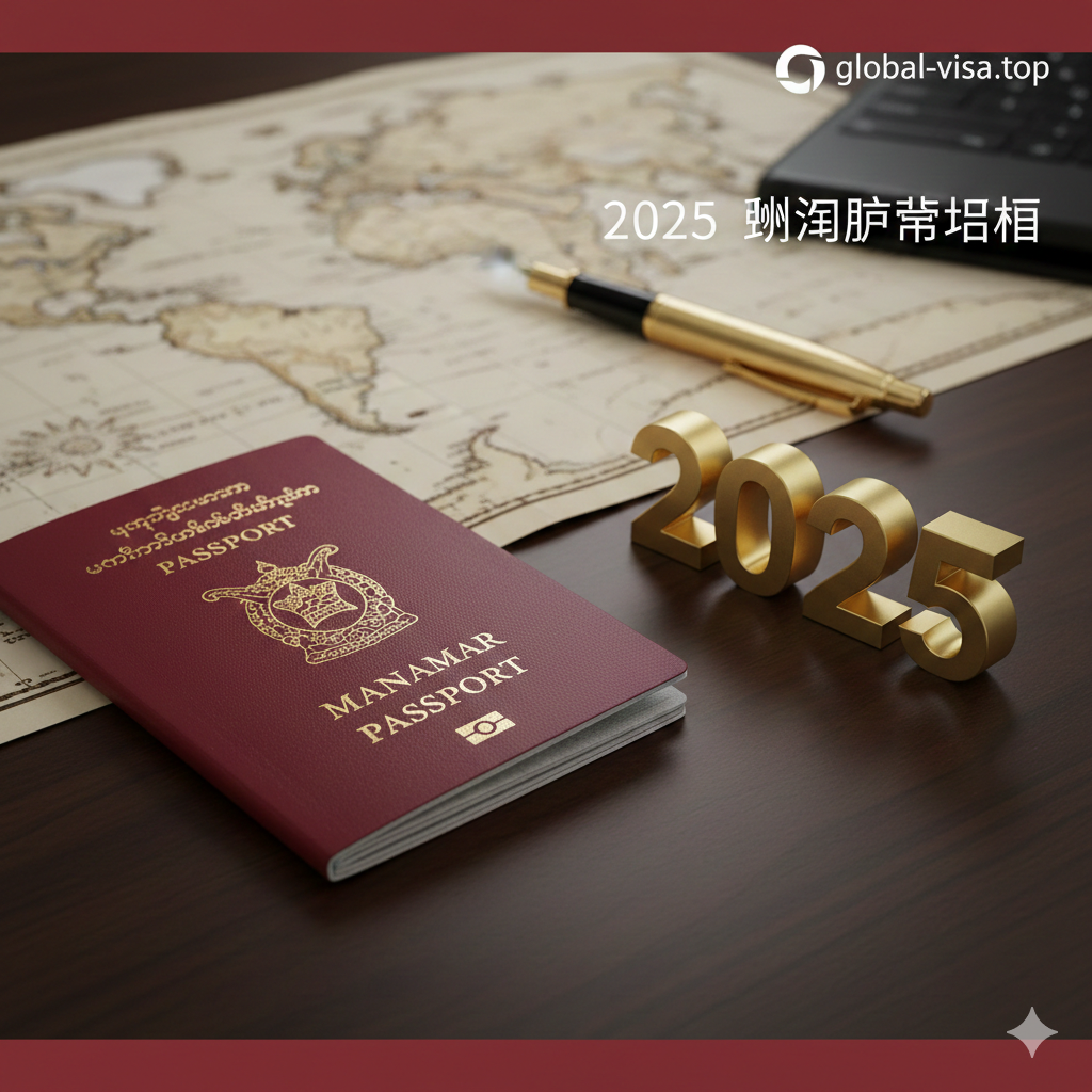 一张极具质感的高清摄影图，展示一本崭新的缅甸红色电子护照放置在深色胡桃木办公桌上。护照旁摆放着一张世界地图和一支精致的金色钢笔，寓意全球出行与商务规划。画面右侧巧妙融入‘2025’的立体字样，象征最新的移民政策指南。光线柔和而专业，重点突出护照封面的金烫印国徽，色调以深红、金色和稳重的深褐色为主，营造出高端、权威的商务移民氛围。