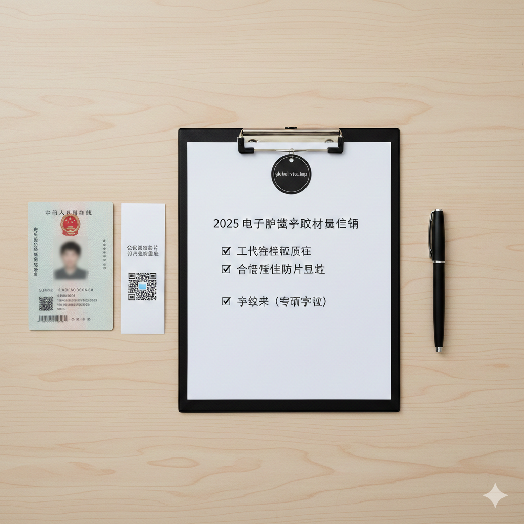 采用极简主义的平铺俯拍视角(Flat lay),展示护照申请的核心材料。画面在干净的白色或浅木色桌面上,整齐摆放着一张二代居民身份证(样张)、一张带有条形码的数码照片回执单、以及一支签字笔。旁边可以放一个写着'Checklist'的剪贴板,打钩表示准备就绪。这种构图直观地传达了'材料简单'的信息,消除申请者的焦虑感。