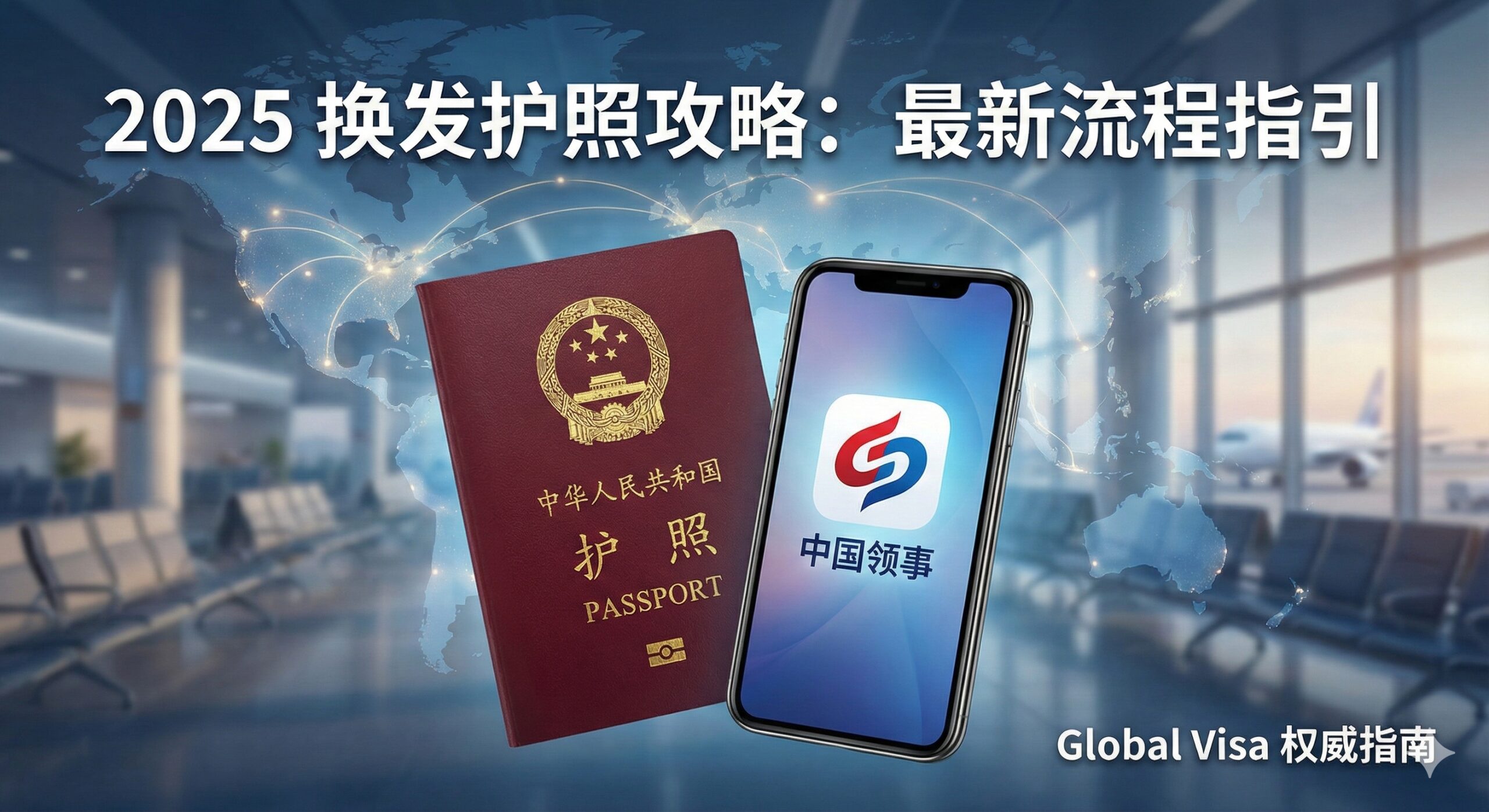 一张具有权威感和现代感的封面图。画面中心放置一本最新的中国护照，护照表面质感清晰可见，旁边摆放着一部智能手机，屏幕上显示着'中国领事'APP的图标。背景是一个模糊的全球地图或机场候机大厅的虚化场景，寓意全球出行。整体色调以护照的深红色和科技蓝为主，光线明亮柔和，营造出专业、高效和值得信赖的视觉氛围，适合作为Global Visa网站的攻略头图。