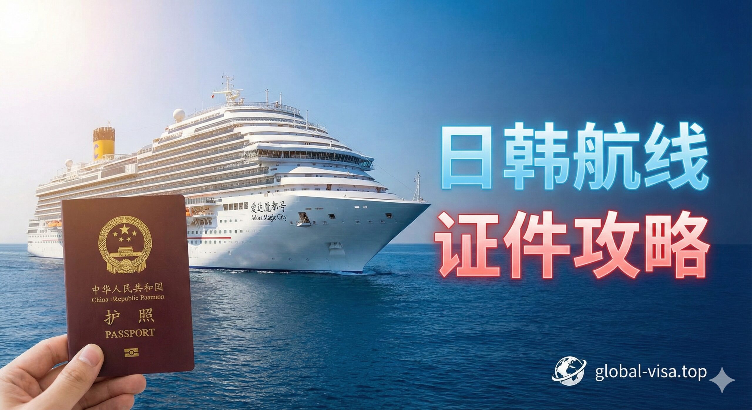 一张极具视觉冲击力的文章封面图。背景是宏伟的‘爱达魔都号’邮轮在蔚蓝的大海上航行,阳光明媚,海浪轻柔。前景清晰聚焦一只手持有效的中国护照,护照封面国徽金光闪闪。画面右侧以半透明的高科技风格字体悬浮显示‘日韩航线’与‘证件攻略’字样,色彩以深海蓝与官方红为主色调,整体风格专业、权威且充满旅行的期待感,完美契合global-visa.top的专业签证咨询定位。