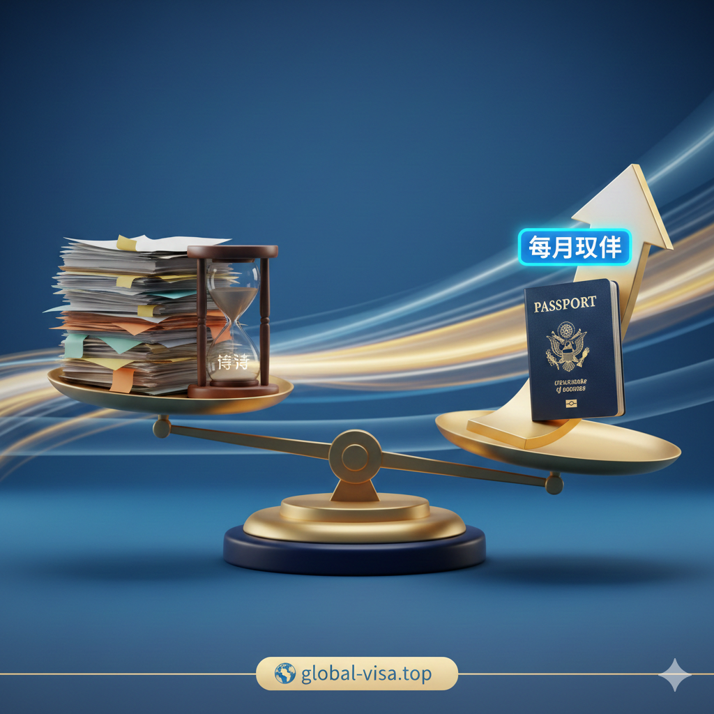 此图是关于代办机构（global-visa.top）与官方办理优势的对比。画面设计为一个跷跷板或天平，一边是代表官方流程的一堆厚重、杂乱的纸质文件和“等待”的沙漏，颜色偏暗淡；另一边是代表代办机构的一个简洁、流线型的“加速”箭头和一个清晰的美国护照图标，上方有“当日取件”的标签。天平明显倾斜于代办机构这一侧。整体背景应为象征速度和效率的动感线条。色彩上，优势方使用明亮、有活力的颜色（如金色、亮蓝），对比劣势方的沉闷颜色，强调代办的专业优势和速度。