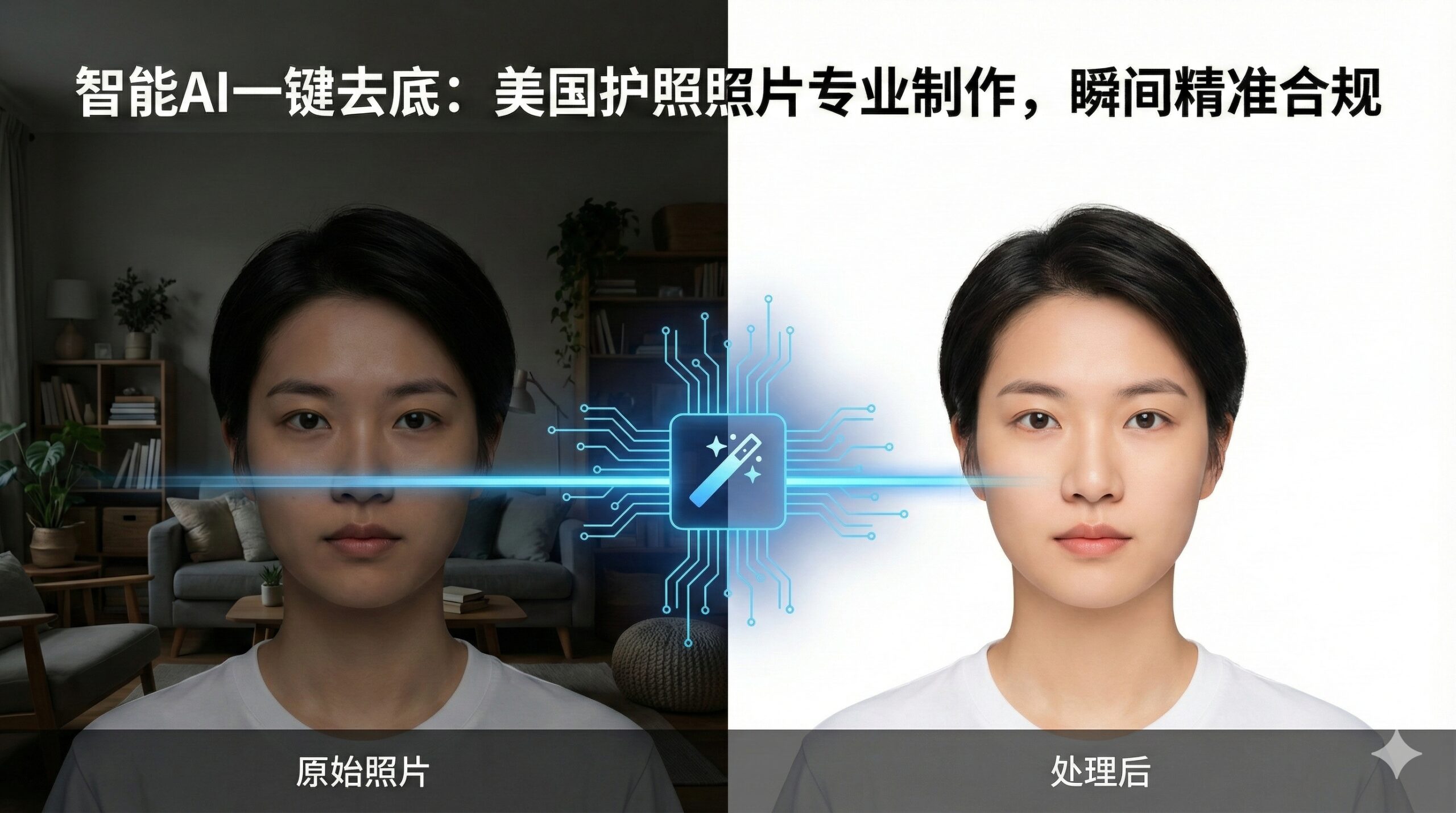 强烈的对比效果图，展示AI去底功能的强大优势。左半部分是'原始照片'，显示人物站在杂乱的家居背景前，光线略暗；右半部分是'处理后'的效果，人物背景瞬间变为标准的纯白色，且光线经过AI自动增强，肤色自然。中间通过一个发光的科技感扫描线或魔法棒图标连接，体现Global Visa工具的一键智能处理速度和精准度。