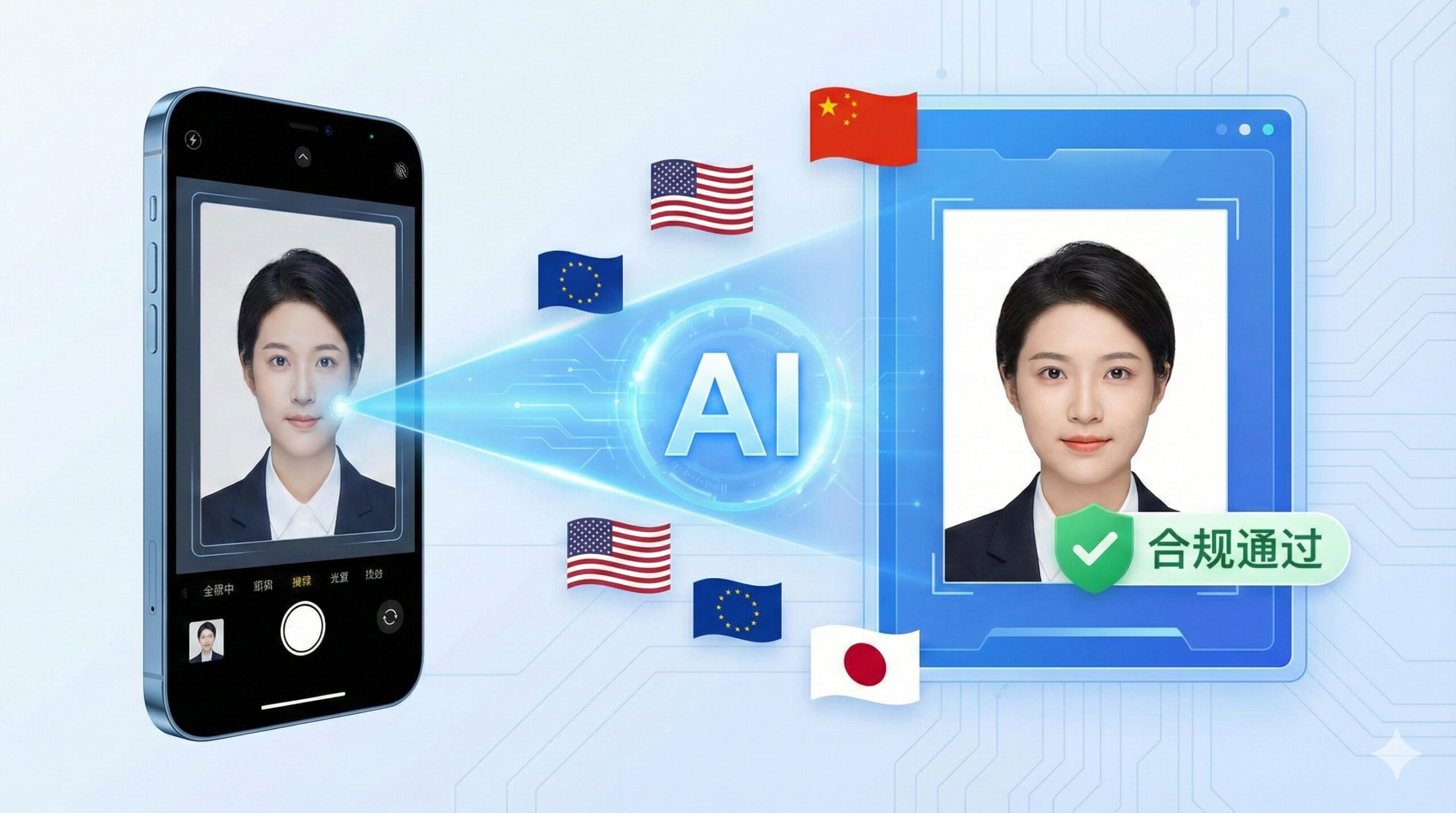 一张充满科技感与专业度的封面图。画面左侧展示一部智能手机正在拍摄人像，右侧瞬间转化为一张完美的标准证件照，背景为纯白，带有绿色的“合规通过”对勾标志。画面中央有发光的AI扫描光效连接两侧，周围漂浮着美国、欧盟、中国、日本等国家的国旗图标，象征全球通用。整体色调采用Global-Visa网站的官方蓝白色，传达高效、安全、值得信赖的视觉感受。