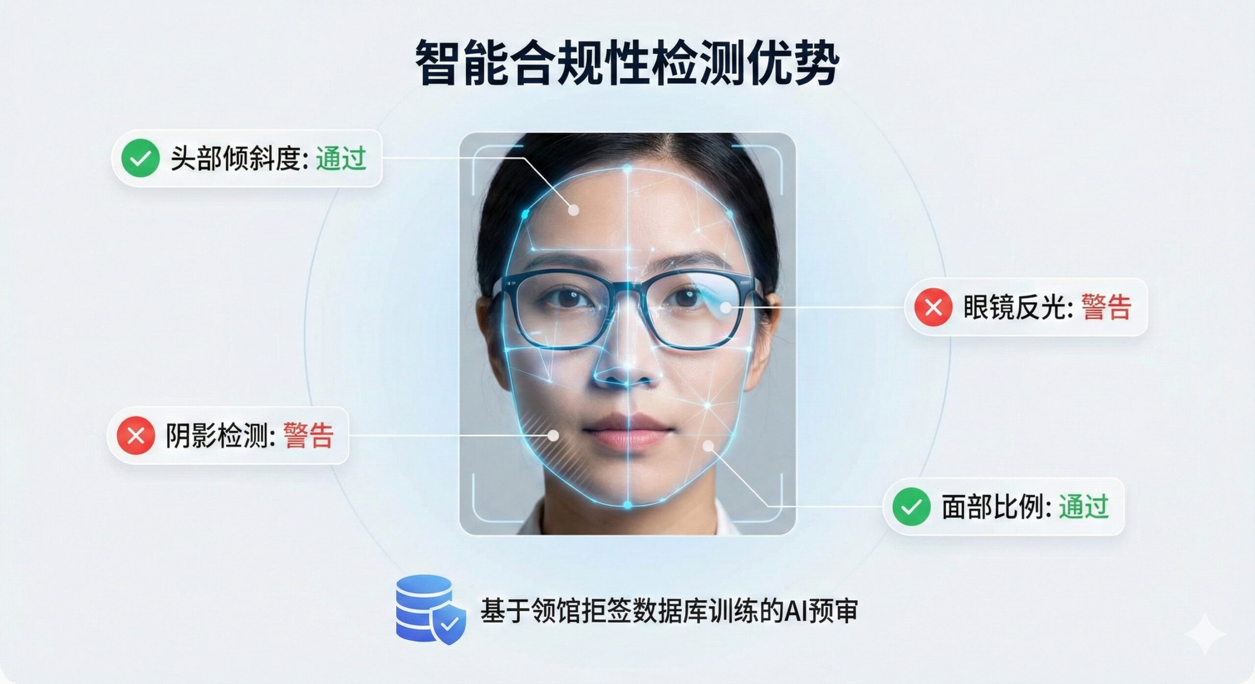 优势图聚焦于“智能合规性检测”的核心价值。画面主体为一个被AI扫描的面部特写，面部周围有各种检测指标的图标或指示线，例如：头部倾斜度、阴影检测、眼镜反光警告、面部比例校验等。使用红色和绿色指示灯（如红叉和绿勾）来象征AI的“预审”功能，强调该工具是基于领事馆“拒签数据库”训练的，突显其比普通修图软件更专业的优势。