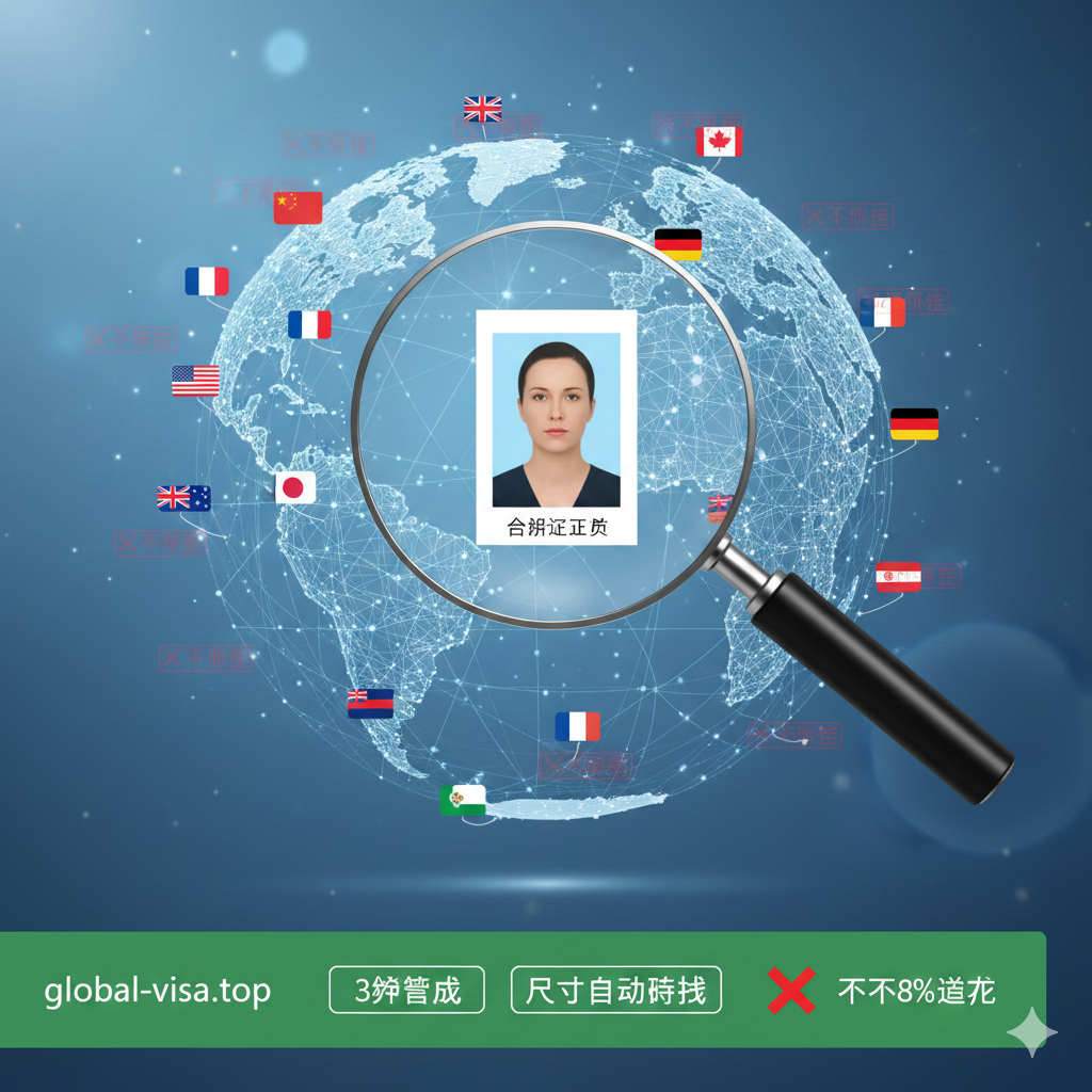 一个强调多国通用和合规性的对比优势图。主视觉是一个地球仪或世界地图的抽象剪影,地图上散落着不同国家的国旗小标签。核心区域是一个放大镜,聚焦于一张完美合规的证件照。放大镜外是杂乱的、被AI标记为“不合格”的红叉图标。图片下方或侧面列出几个关键优势,如“3秒生成”、“尺寸自动匹配”、“99.8%通过率”,使用醒目的绿色和红色来区分优势和风险,强调Global Visa数据库的全面性和精准性。