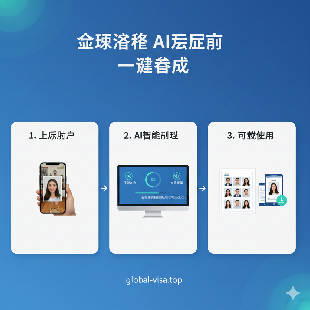一张清晰的3步操作教程图，展示在global-visa.top制作证件照的流程。第一步：上传（手机拍摄的照片，背景杂乱）；第二步：AI处理（系统自动裁剪、换底、检测合规，可使用一个电脑屏幕展示处理界面）；第三步：下载（一张排版好的多张照片或电子版文件）。风格上应采用流程图或分步卡片设计，使用箭头连接各步骤，突出“AI一键生成”的简单快捷性，色彩使用品牌主色调。