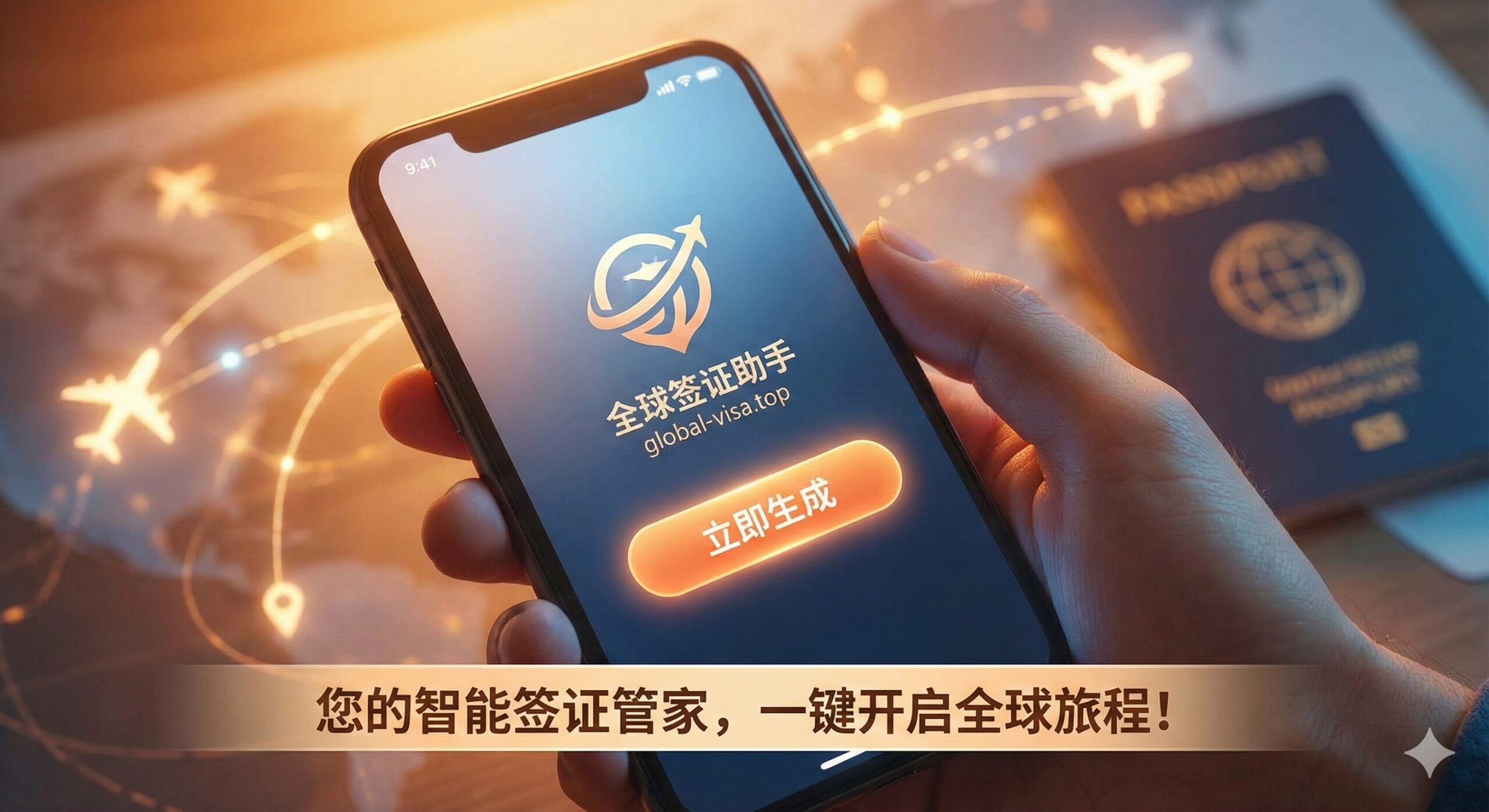 总结图片,旨在吸引用户采取行动。画面主体是一个正在发光的手机屏幕,屏幕上显示Global Visa (global-visa.top)的Logo和清晰的“立即生成”按钮。背景是抽象的旅行元素,如飞机航线、护照本的模糊轮廓。整体色调温暖、积极(如橘色和蓝色搭配),传递出便捷旅行的期望。配上一句强有力的中文行动呼吁口号,例如:“您的智能签证管家,一键开启全球旅程!” 鼓励用户访问站点。