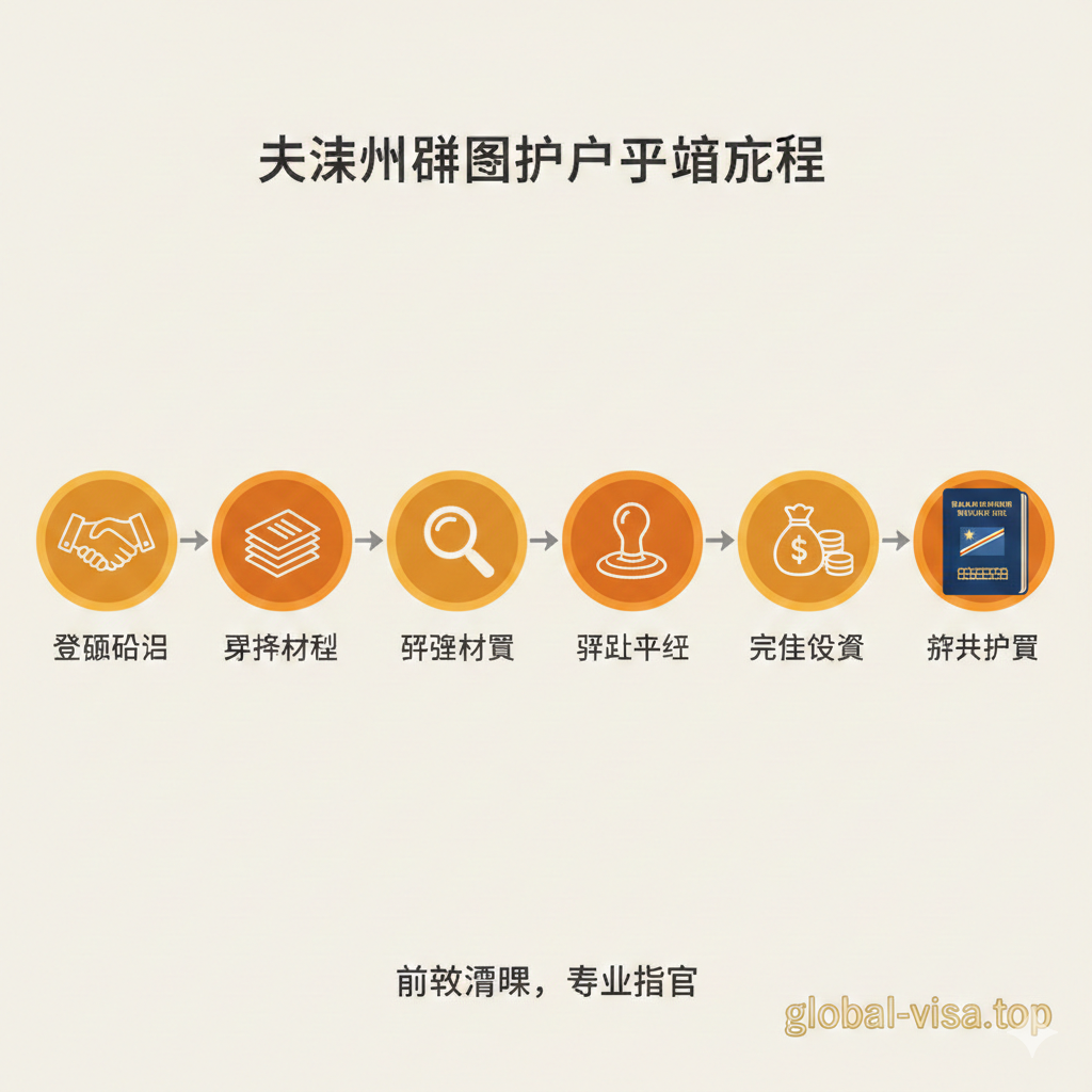 流程图或六个步骤的图标化设计。六个步骤图标（如握手-评估、文件-准备、放大镜-尽职调查、印章-批准、金钱-投资、护照-获批）按时间轴从左到右或从上到下排列。配色采用暖色调（橙色、黄色），代表效率和清晰度。背景简洁，有'global-visa.top'的水印或Logo，强调专业指导和透明化操作，避免出现真人的特写照片。