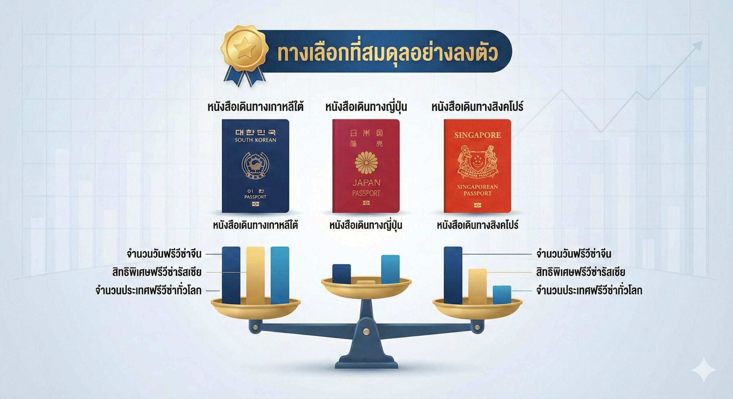 一张专业的对比分析概念图，画面中心并排展示三本立体的护照：深蓝色的韩国护照、红色的日本护照和红色的新加坡护照。护照下方通过天平或柱状图的形式，直观对比'中国免签天数'、'俄罗斯免签权益'及'全球总数'。韩国护照上方悬浮着'Balanced Choice'（均衡之选）的金牌标识，背景为淡淡的商务数据网格，强调韩国护照在特定领域的独特优势。