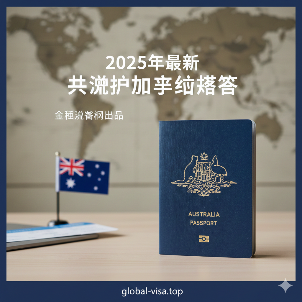 一张高质量的特写照片，展示了一本深蓝色的澳洲护照（Australian Passport）放置在浅色木质办公桌或世界地图背景上。护照封面上的澳洲国徽金印清晰可见，质感高级。画面一角可以模糊展示一张登机牌或一面微型澳洲国旗，营造国际旅行和身份象征的氛围。光线柔和自然，色调以深蓝、金色和白色为主，突显专业、权威和令人向往的感觉，适合作为2025年最新护照申请攻略的封面图。