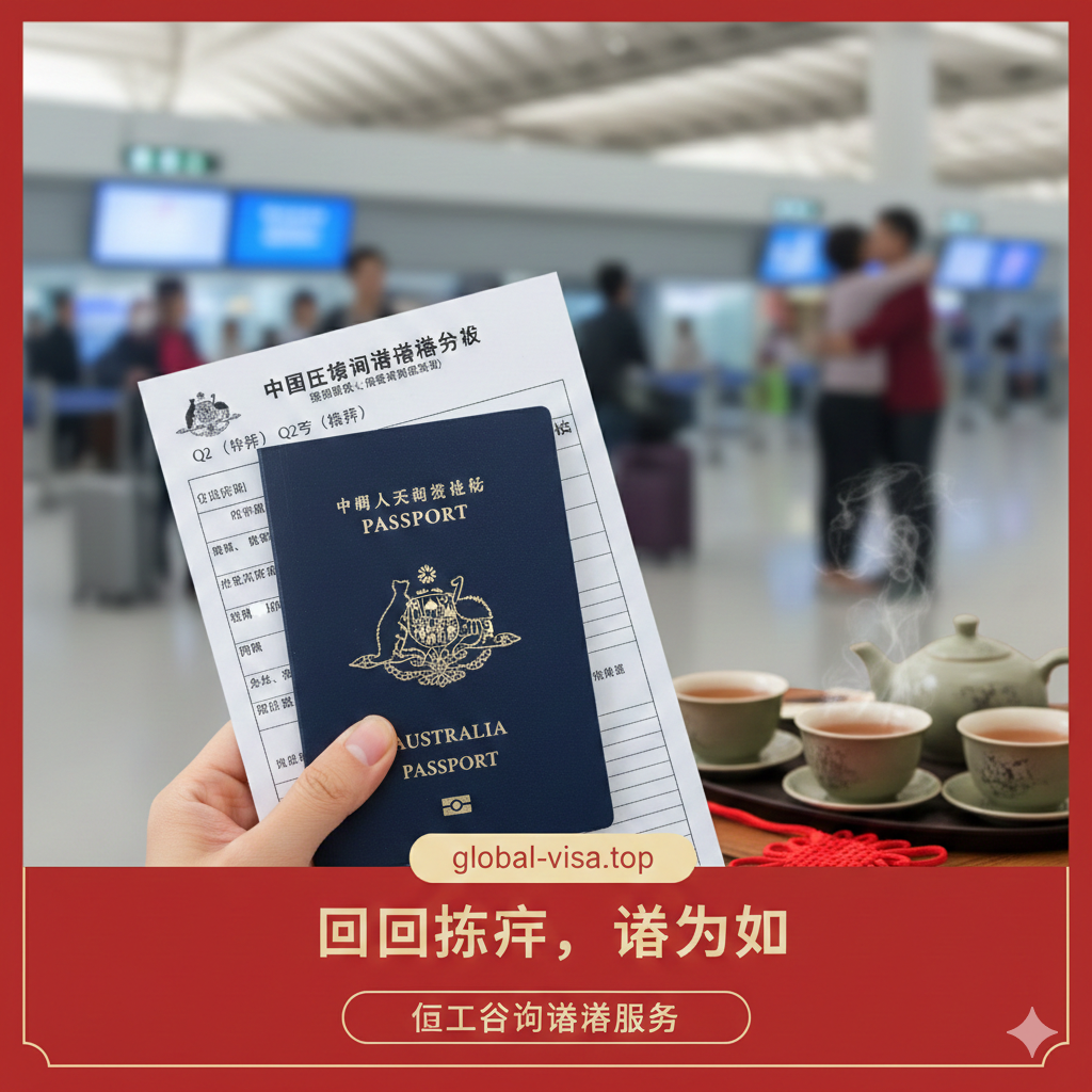 一张充满温情且具有指向性的总结图片，主题是'持澳洲护照回国'。画面前景是一只手拿着澳洲护照，旁边放着一份部分填写的中国签证申请表（Q2探亲签证）和一个具有中国特色的红色中国结或茶具。背景虚化处理，隐约可见机场到达大厅或一个温馨的家庭团聚场景。色调融合了澳洲的深蓝与中国的暖红，寓意身份转换后顺利办理签证、回国探亲的圆满结局，引导用户咨询签证代办服务。
