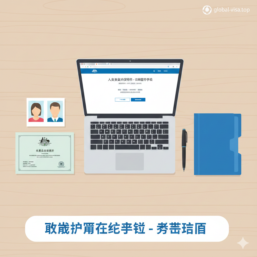 一张扁平化摄影（Flat-lay）风格的图片，展示护照申请的实操步骤。桌面上整齐摆放着申请所需的关键材料：一份澳洲公民纸原件（Citizenship Certificate）、两张标准的澳洲护照照片（白底、无表情）、一台显示着澳洲外交贸易部（DFAT）在线申请页面的笔记本电脑，以及一支签字笔。构图井井有条，光线明亮清晰，暗示申请流程的规范性和条理性，帮助用户理解准备工作的重点。