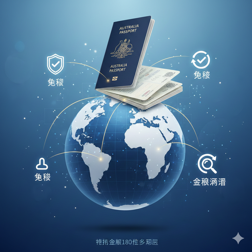 一张概念插图，展示澳洲护照的全球通行能力。画面中心是一本打开的澳洲护照，悬浮在一个风格化的3D地球仪上方。金色的航线从澳洲辐射向美国、欧洲（申根区）、日本和英国等主要免签目的地。背景使用科技感的淡蓝色渐变，辅以'Visa Free'、'Global Access'等图标元素，直观地传达出持有澳洲护照畅行全球180多个国家的含金量和便利性。