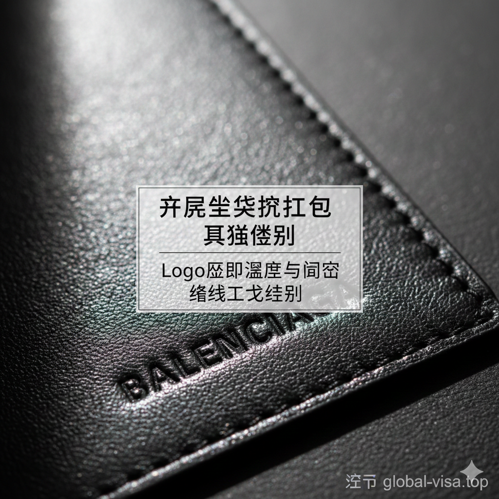 一张极具质感的微距摄影图，专注于巴黎世家护照包的真假鉴定细节。镜头特写放大了皮革表面的Logo压印深度、字体间距以及边缘的缝线针脚。使用了锐利的侧光来强调皮革的颗粒感和压痕的立体感，背景虚化处理，暗示专业的鉴定过程，为读者提供辨别正品的视觉参考。