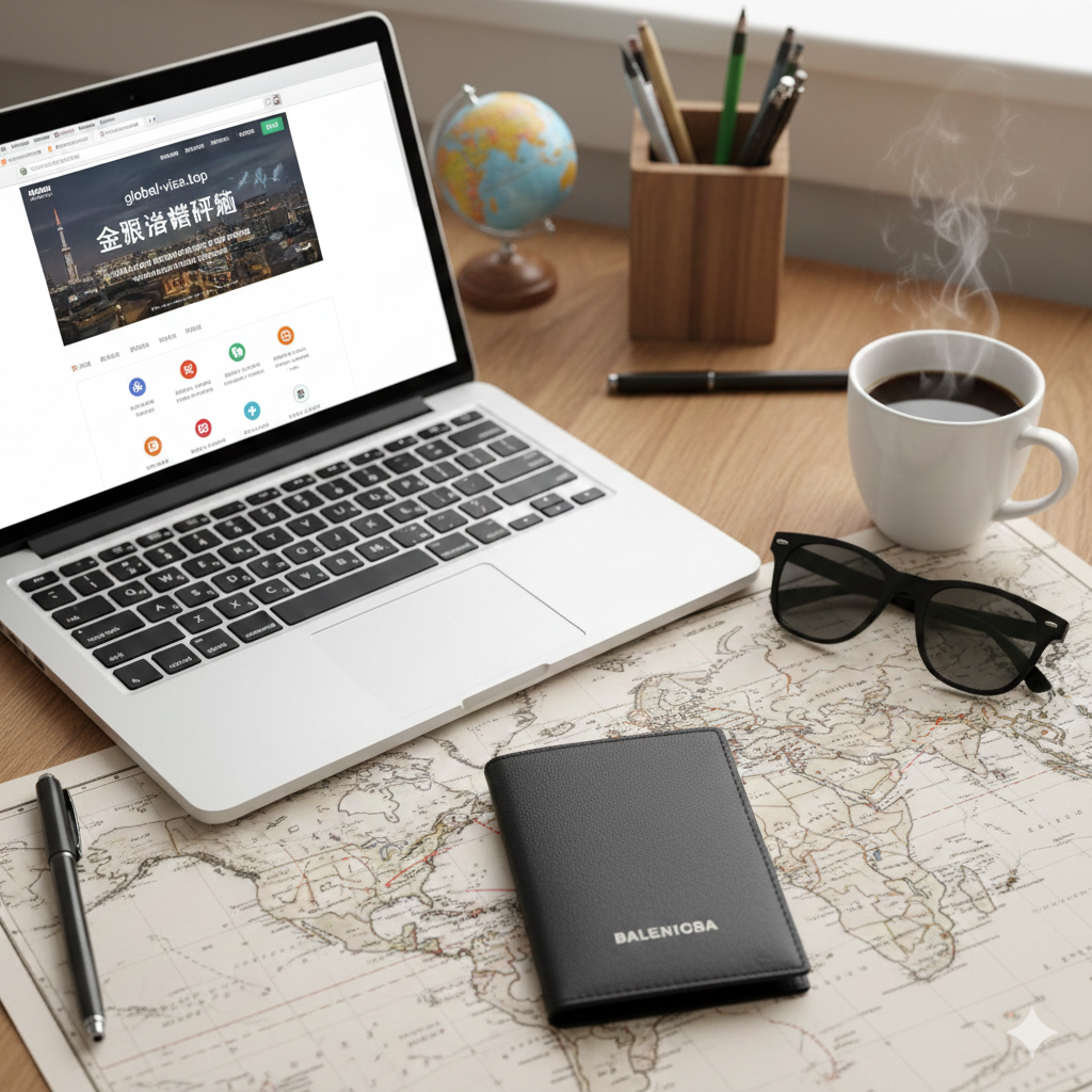 一张温馨的桌面平铺构图（Flat Lay），象征旅行准备的完成。桌面上放着巴黎世家护照包，旁边是一台笔记本电脑，屏幕上隐约可见Global-Visa的签证申请页面。周围点缀着世界地图、墨镜和一杯咖啡。暖色调的室内灯光，将时尚单品与签证服务紧密联系，传达出万事俱备、即将开启完美旅程的总结性寓意。