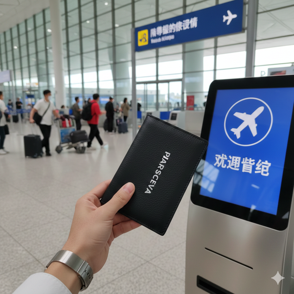 一张清晰的俯视产品细节图，展示打开状态下的巴黎世家护照包内部结构。在纯净的浅灰色背景上，护照包内整齐地插着一本护照、几张国际信用卡以及少量折叠的外币现金。重点聚焦于卡槽的剪裁工艺和皮质纹理，光线均匀明亮，旨在直观展示其收纳功能和实用性，帮助用户了解内部容量。