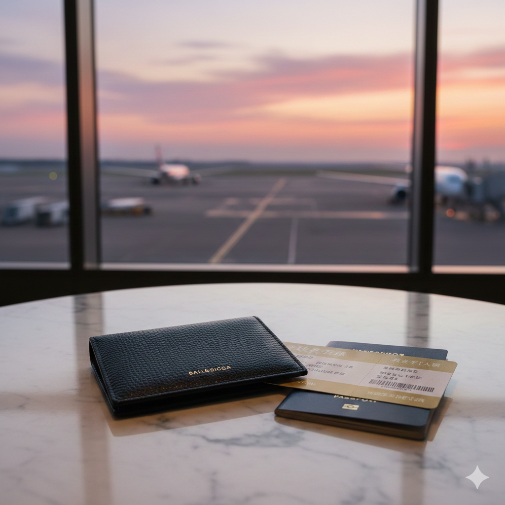 一张高分辨率的电影感封面图，展示放在豪华机场休息室大理石桌面上的黑色巴黎世家（Balenciaga）护照包。旁边随意摆放着一张头等舱登机牌和一本露出边角的护照。背景是透过落地窗看到的模糊飞机跑道和落日余晖，光线柔和而高级，营造出高端奢华的全球旅行氛围，突显产品的质感与旅行的向往感。