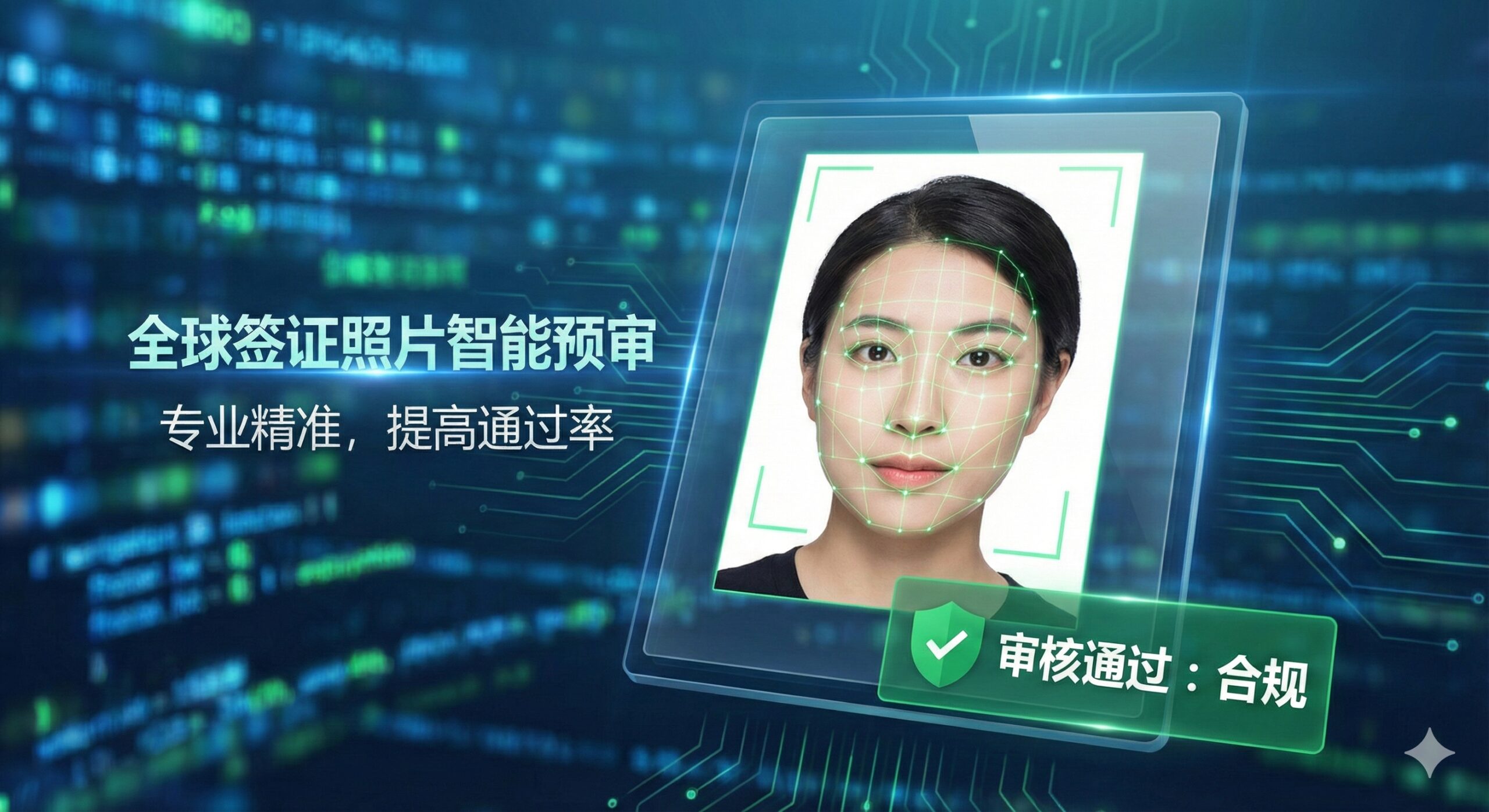 一张充满科技感的概念图，展示签证照片的智能预审过程。画面中央是一张清晰的人像证件照，面部叠加了绿色的生物识别网格线（定位眼睛、鼻子、脸部轮廓），象征AI智能检测技术。右下角有一个明显的绿色盾牌勾选图标，代表“审核通过”或“合规”。背景是模糊的数字数据流，体现global-visa.top服务的专业性、精准度和高通过率优势。