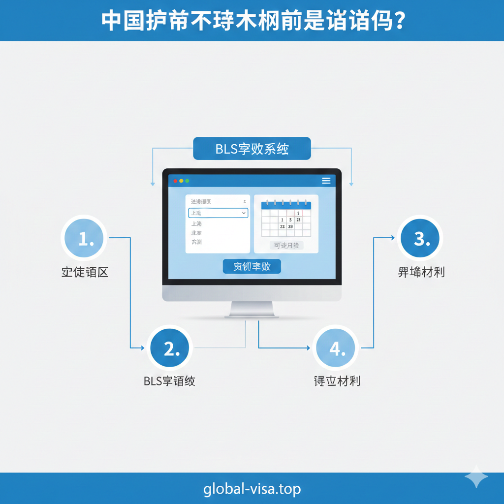 一张流程图或分步指导风格的图片，重点突出BLS预约这个步骤。画面中心是一个电脑屏幕的抽象图形，屏幕上模拟BLS签证中心预约界面的关键步骤（如：选择领区、选择日期）。周围环绕着4-5个序号图标（1. 确定领区，2. BLS预约，3. 准备材料，4. 递交材料），形成一个清晰的圆形或Z字形流程。图片应具有现代、数字化的线条感，使用图标来简化复杂的步骤，提升教程的可操作性。主色调采用中性的灰蓝或科技绿，强调专业和指导性。