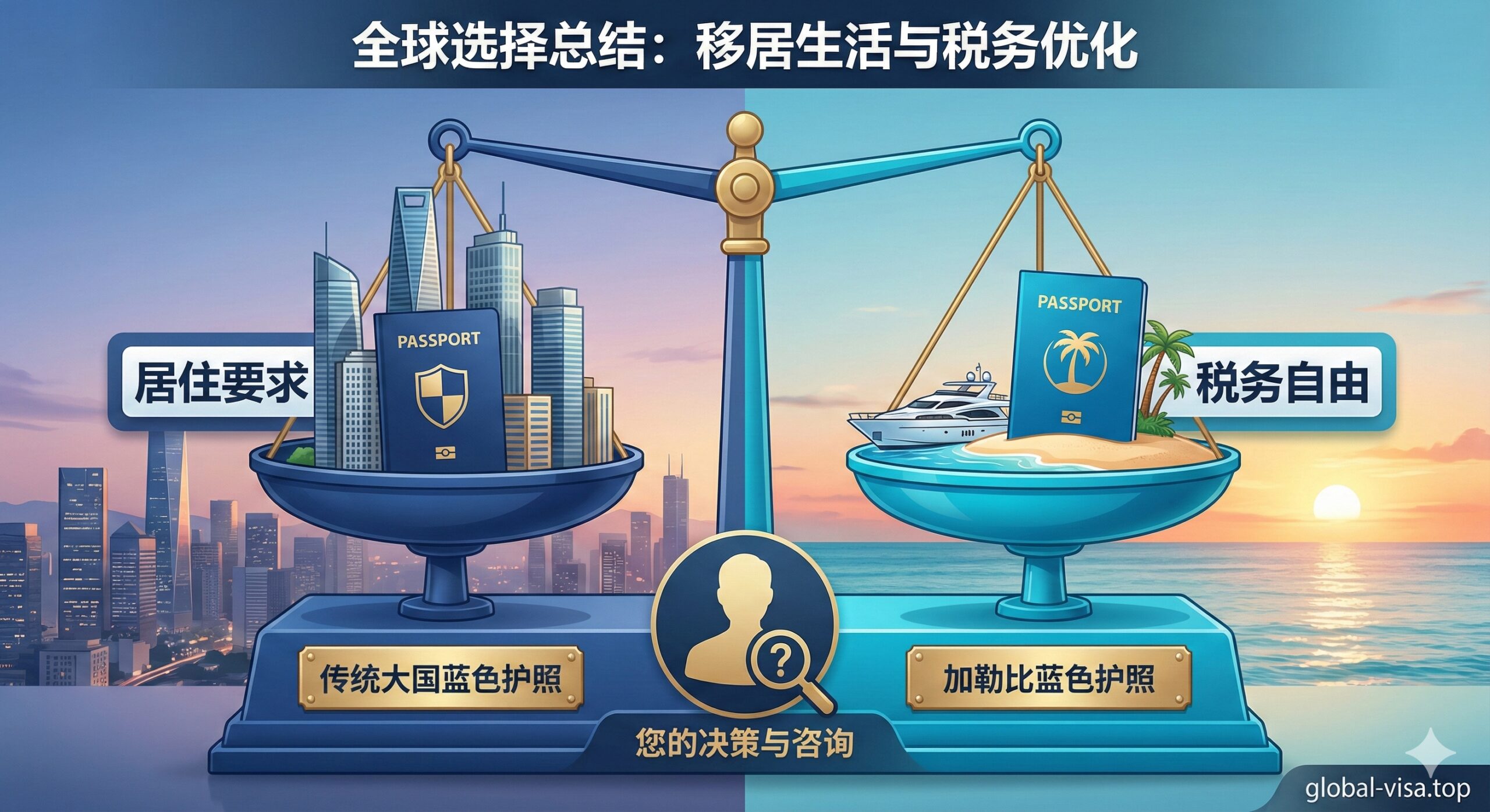 一张总结和决策辅助的图片。构图为两极对比或一个天平秤。天平一端是'传统大国蓝色护照'(深蓝色,高楼大厦,标有'居住要求'),另一端是'加勒比蓝色护照'(亮蓝色,海滩游艇,标有'税务自由')。中心下方有一个人物剪影或一个咨询图标,代表选择和决策。色彩和风格对比鲜明,帮助读者在'移居生活'与'税务优化'之间做出选择,以呼应文章的总结部分。