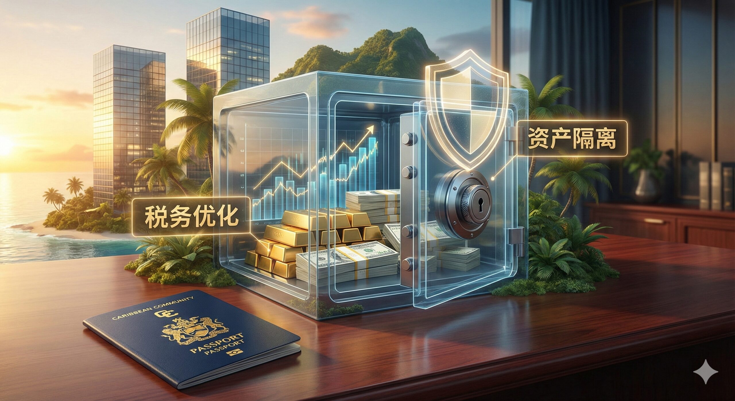 重点突出加勒比蓝色护照在税务筹划和资产隔离上的优势。画面主体是一个加勒比风格的离岸金融中心景象,可能是热带岛屿背景下现代化的金融大楼,或者是一个透明的保险柜/金库,里面装着资产(如金条或股票图表)。在画面中加入一个盾牌或锁的抽象图形,并标出'税务优化'、'资产隔离'等标签,象征资产的安全性与避税优势。整体风格应是高端、安全且具有财富感的。