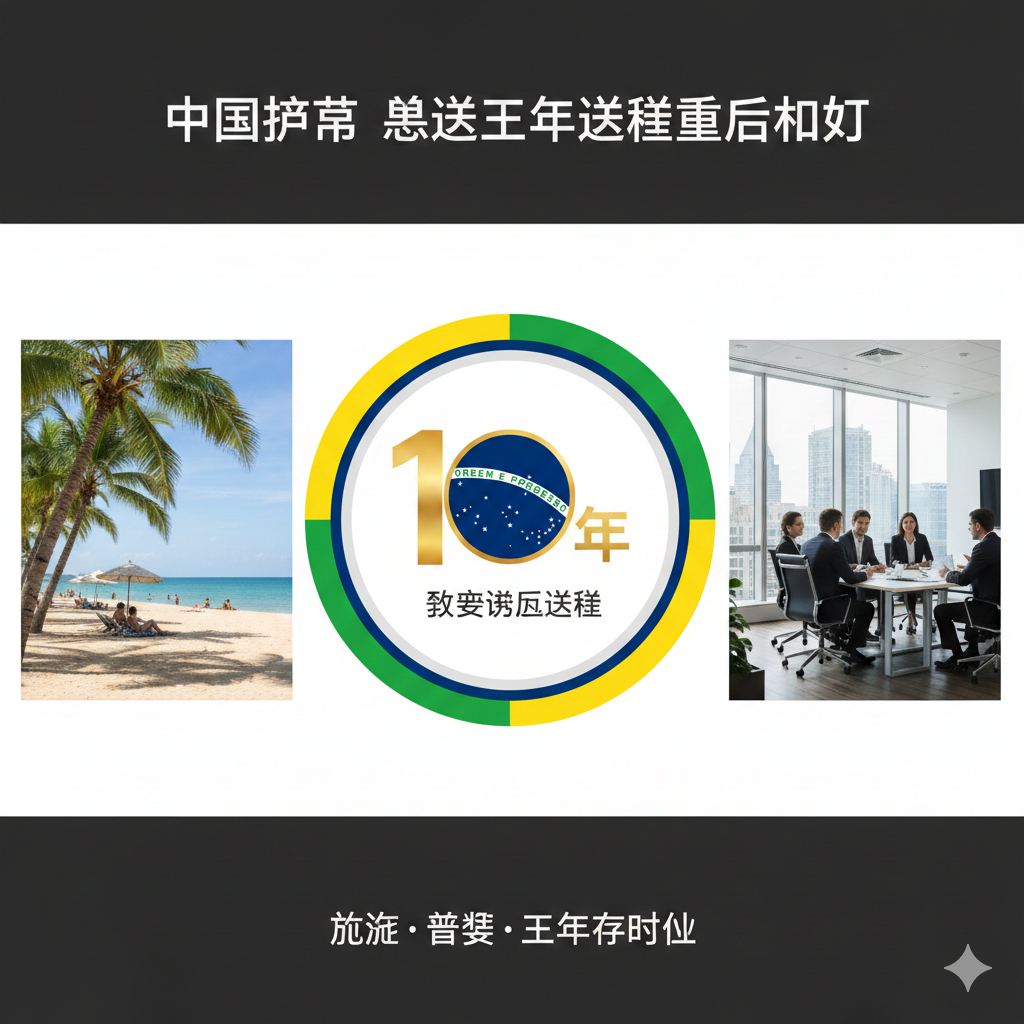 一张具有设计感的信息图表风格图片,旨在突出巴西'十年多次往返签证'的政策红利。画面中心是一个金色的数字'10'与'Years'字样,环绕着巴西国旗的绿黄色带。背景分为左右两部分,左侧展示旅游场景(如海滩),右侧展示商务场景(如高楼会议室),寓意该签证同时适用于旅游和商务目的。视觉风格现代、简洁,使用高饱和度的色彩来强调签证的高含金量和便利性。