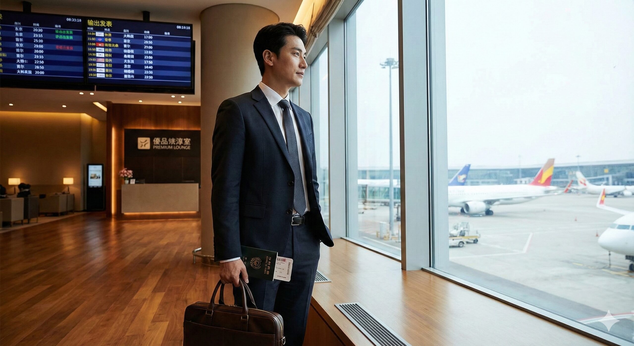 A realistic scene inside a luxury airport business lounge. A professional business traveler in a suit is looking out a large window at a tarmac with airplanes. He holds a passport and a boarding pass. The atmosphere is calm and exclusive, with warm ambient lighting. Subtle visual cues like a briefcase and a digital departure board in the background emphasize the themes of business travel efficiency, E2 visa privileges, and global commercial access.