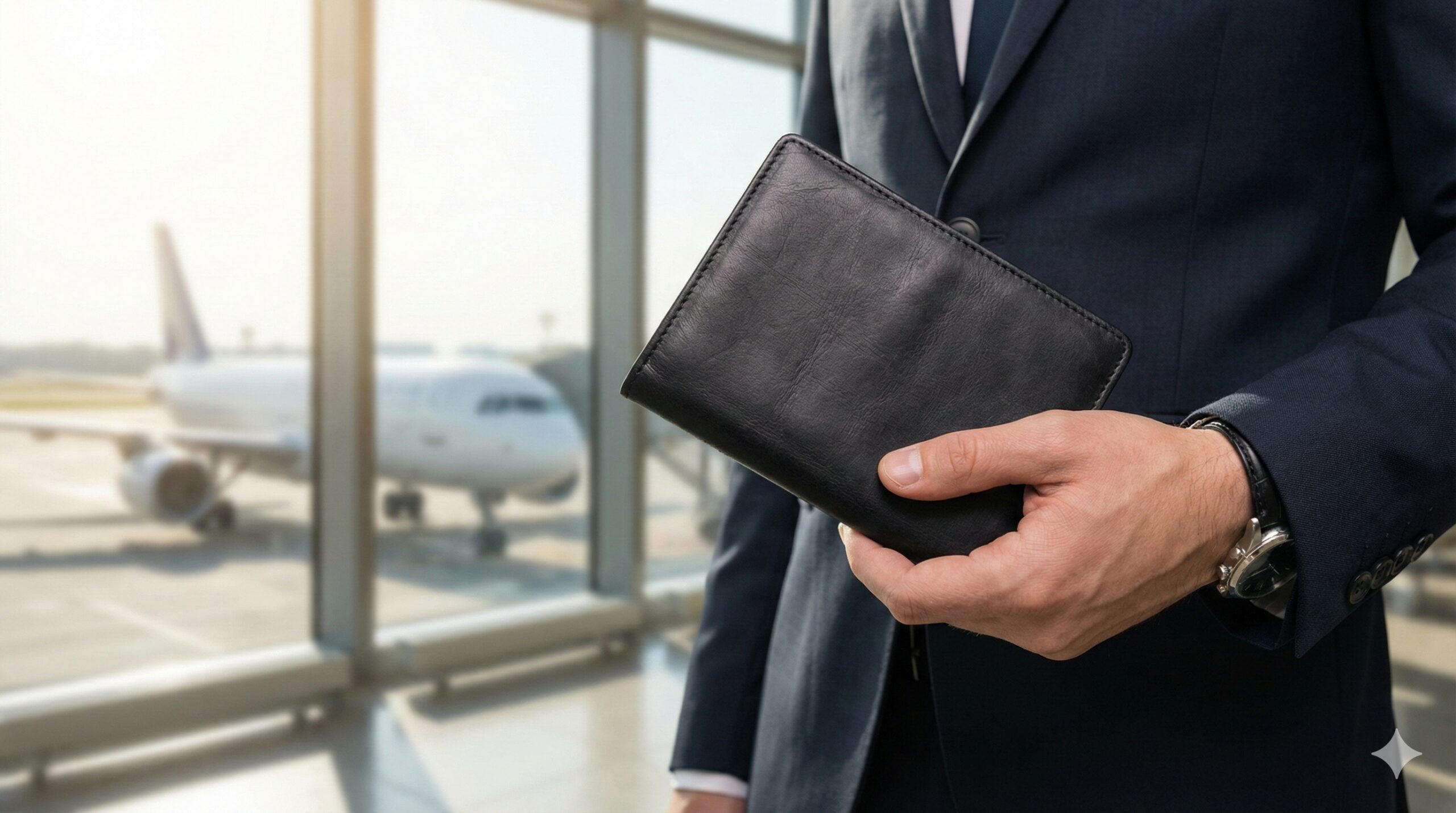 一张商务风格的生活场景图。画面中一位身着西装的商务人士站在机场贵宾休息室的落地窗前，手中拿着一本装在黑色高档真皮护照夹里的护照。窗外是一架正在停机坪的飞机。图片风格沉稳、专业，光线自然明亮，侧重体现真皮材质在商务场合的得体与优雅，呼应文章中关于材质选择和商务人群推荐的内容。