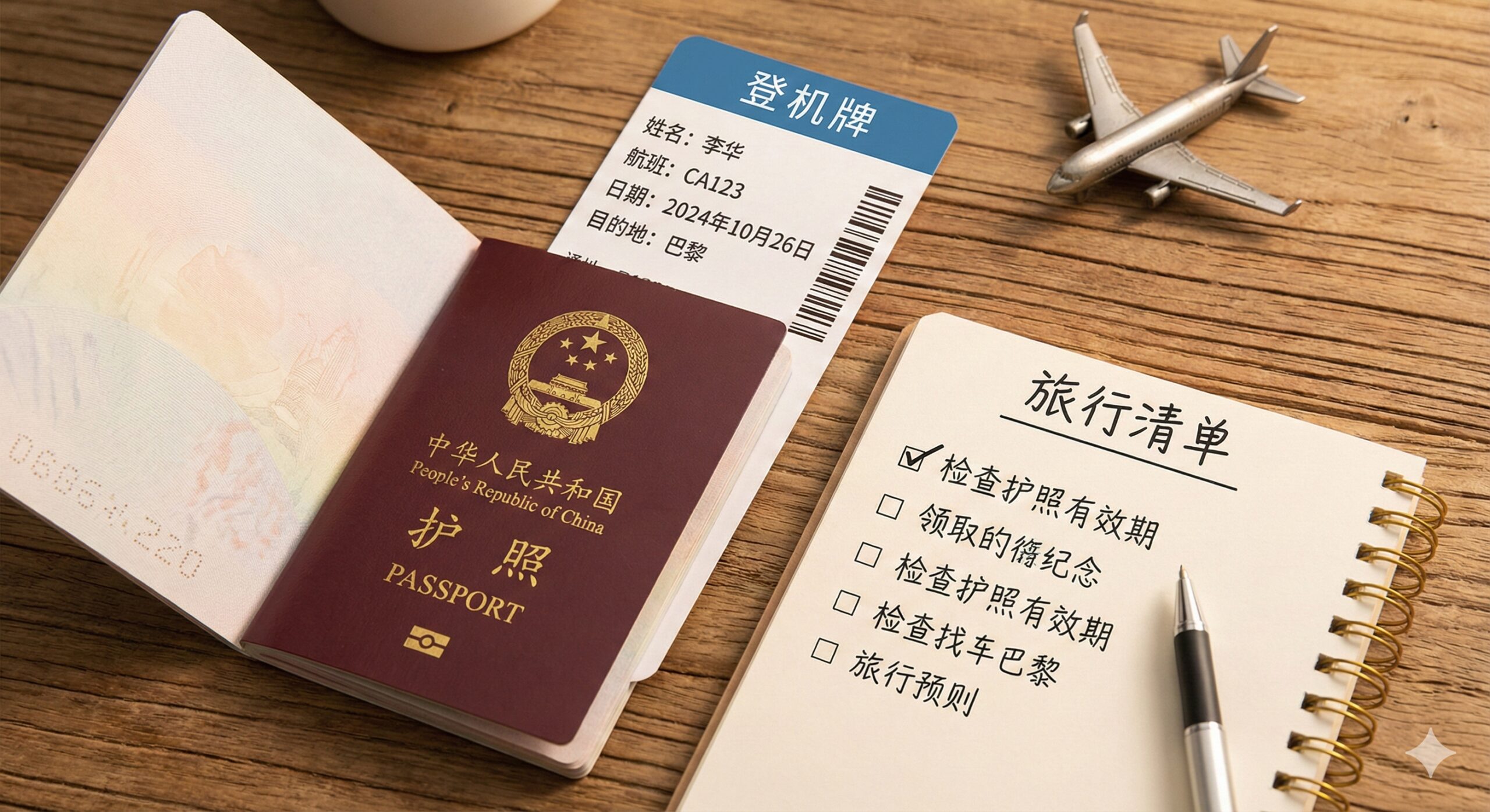 一张温馨且令人安心的桌面平铺图(Flat lay),木质桌面上整齐摆放着一本有效期充足的护照、打印好的登机牌、一只钢笔和一个旅行清单笔记本,清单上'Check Passport Validity'一项已被打钩。旁边放着一个小型的飞机模型,光线柔和温暖,营造出准备充分、即将无忧出行的氛围,作为文章结尾的行动呼吁。