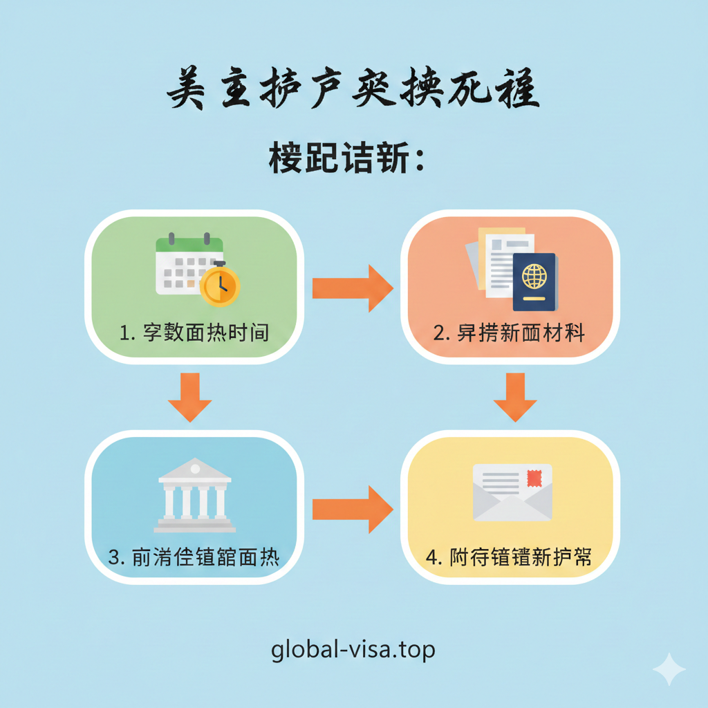 教程图以一个简洁的四步流程图或清单形式展示更换护照的步骤。画面主体是一个手写风格的Checklist(核对清单)和四个清晰的图标:一个日历(代表预约/黄金时间节点)、一个护照/文件堆(代表材料准备)、一个大使馆建筑简笔画(代表面谈)和一个信封(代表邮寄取证)。使用绿色或橙色的箭头连接这些步骤,强调流程的顺利和指导性。风格简洁、扁平化设计,易于理解,体现“保姆级指南”的特性。