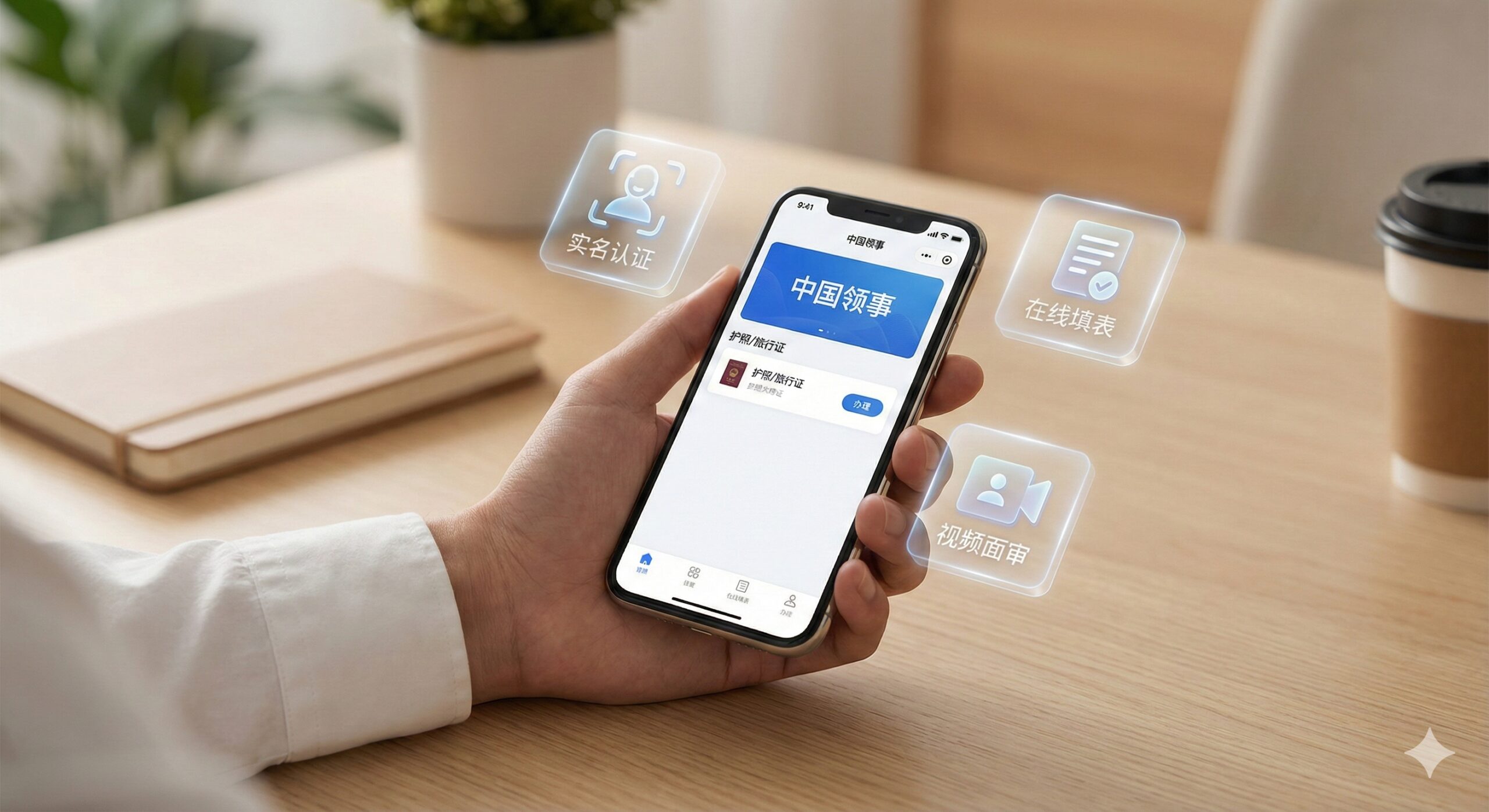 专注于移动端操作的场景图。特写镜头展示一只手握着现代智能手机，屏幕清晰显示'中国领事'APP中'护照/旅行证'办理的界面。手机周围漂浮着几个极简风格的3D全息图标，分别代表'实名认证'、'在线填表'和'视频面审'，象征着指尖办照的便捷性。背景是干净整洁的书桌一角，突出数字化办公的轻松感，引导用户关注线上办理流程。