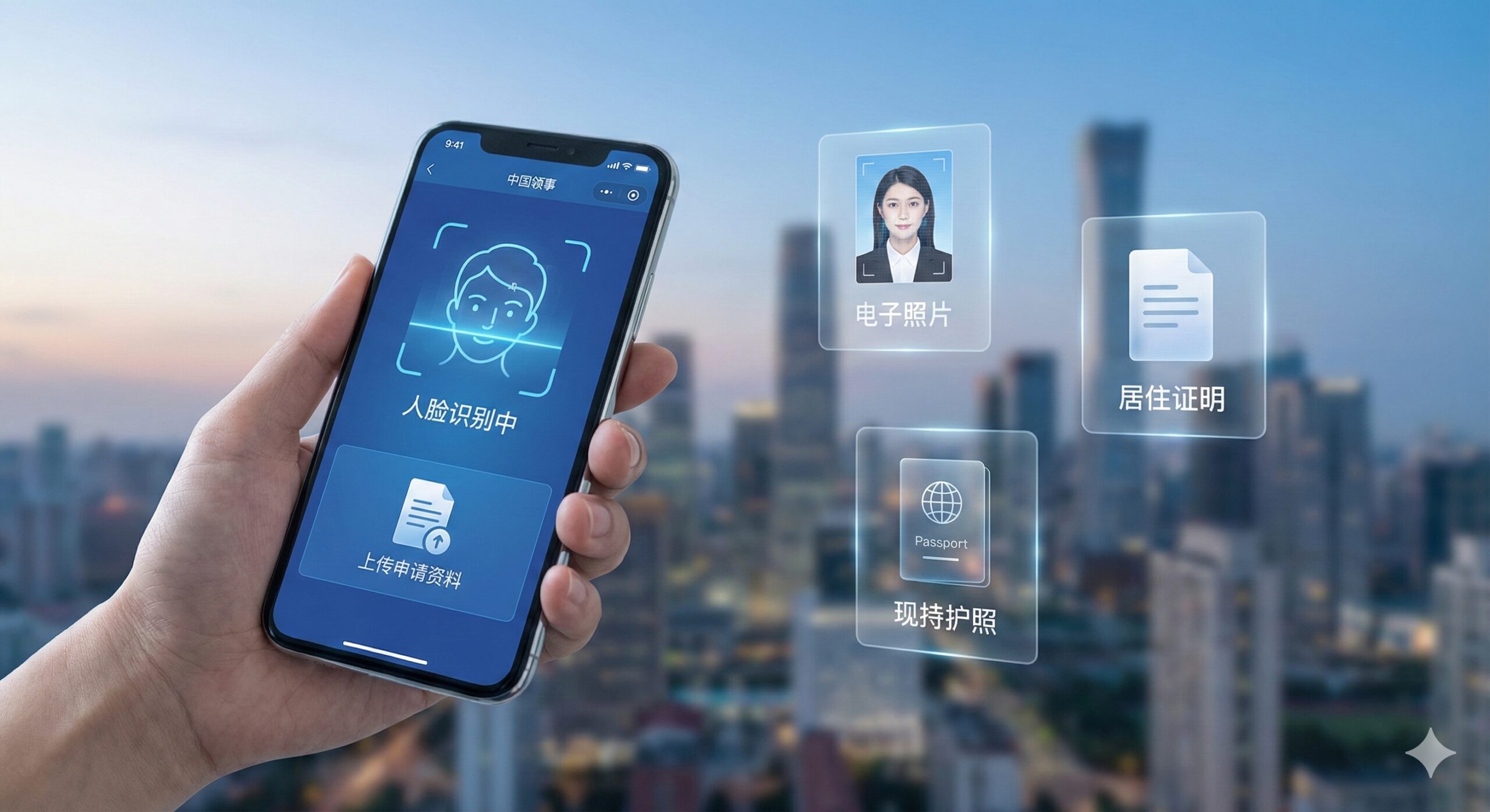 展示海外'中国领事APP'在线办理场景的特写图。画面左侧是一只手握着手机,屏幕上显示着护照申请的人脸识别或资料上传界面,带有科技感的蓝色光晕。画面右侧以半透明图标的形式悬浮展示核心所需材料:电子照片、居住证明文件和现持护照。背景是模糊的海外城市天际线,象征'云端办照'打破地域限制,风格现代简洁。