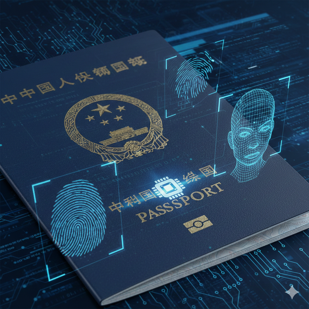 体现中国电子护照高科技含量的科技风图片。特写镜头聚焦于护照封面下方的电子芯片标志,背景叠加蓝色的全息数据流、指纹识别图案或人脸识别扫描网格,象征生物识别技术和通关便利性。风格偏向科技感和安全性,冷色调处理,旨在强调电子护照的高含金量和快速通关优势。