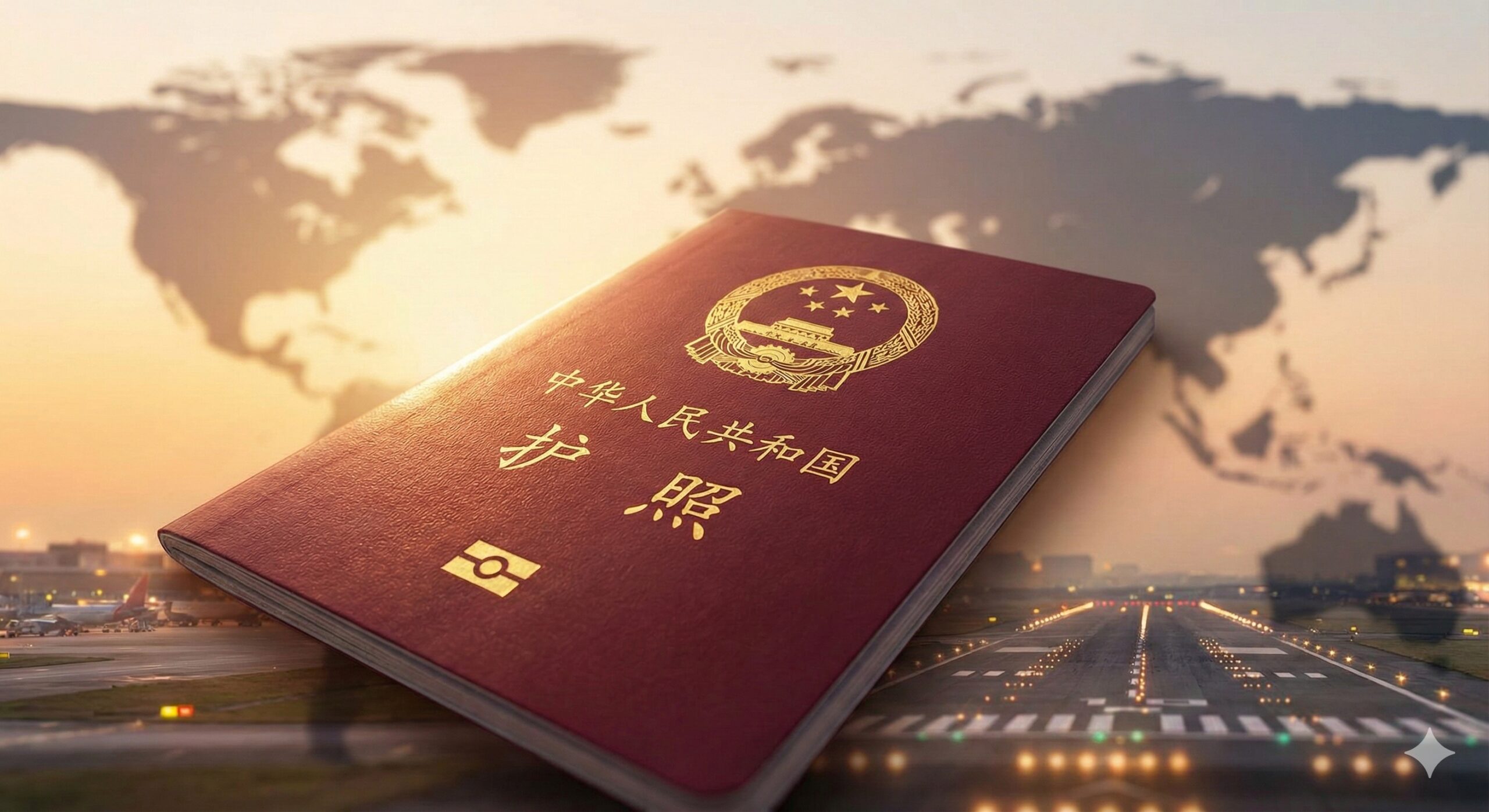 一张极具质感的中华人民共和国电子护照(E-Passport)特写作为封面图。画面中心是一本闭合的深红色中国护照,封面上的金色国徽和‘中华人民共和国护照’字样清晰可见,具有浮雕感。背景是虚化的世界地图或繁忙的国际机场跑道,采用暖色调光线(Golden Hour),营造出高端、权威且充满出行憧憬的氛围。风格现代、大气,符合global-visa.top的专业签证资讯定位。