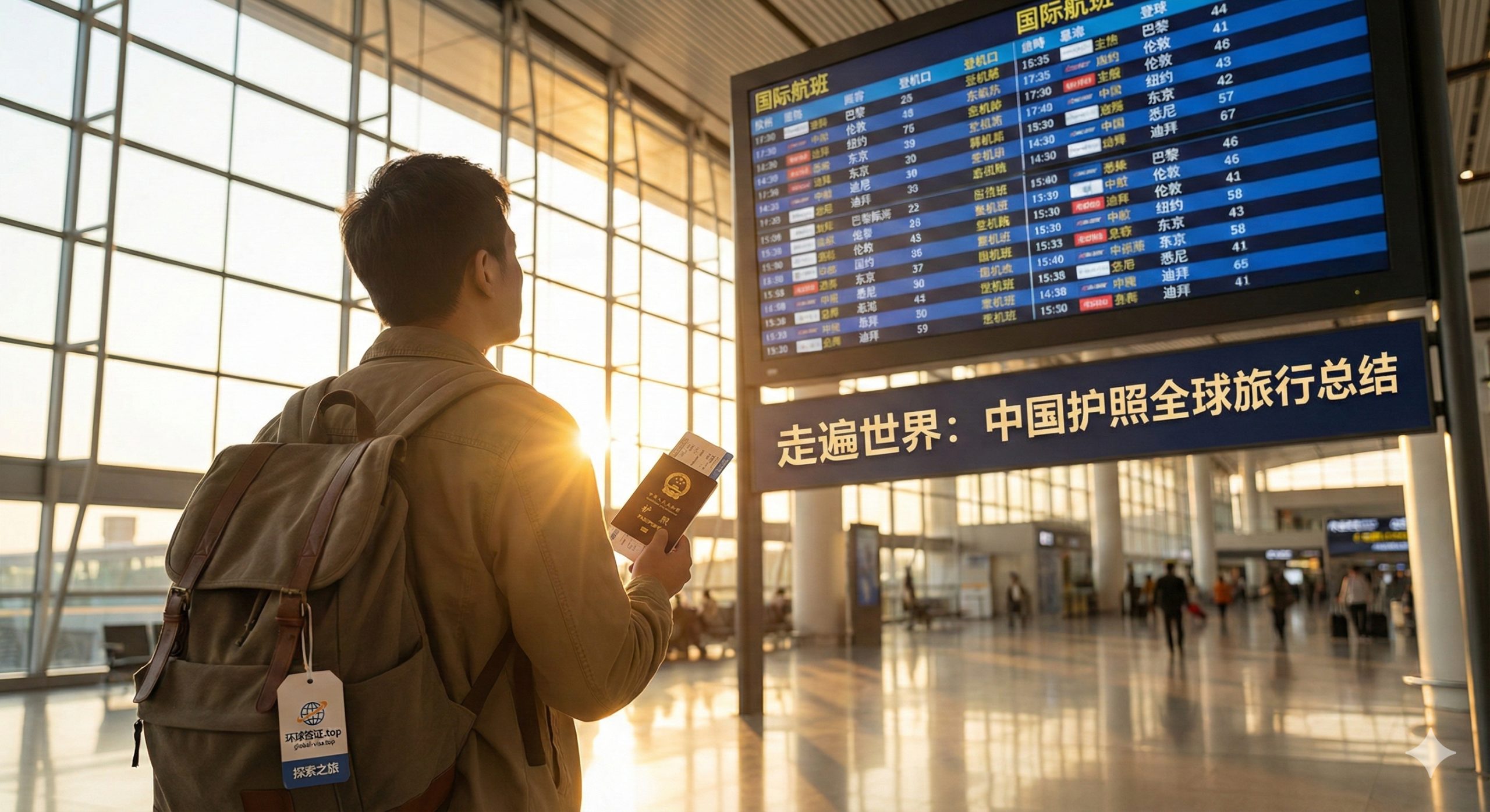 一张充满希望和情感共鸣的旅行生活照。画面是一个旅行者的背影或侧影，站在现代化的大型国际机场出发大厅，手持中国护照和登机牌，正抬头仰望巨大的航班时刻显示屏。阳光透过巨大的玻璃幕墙洒进来，形成金色的轮廓光，寓意着持有中国护照走遍世界的旅程即将开始，氛围温暖、大气且鼓舞人心。