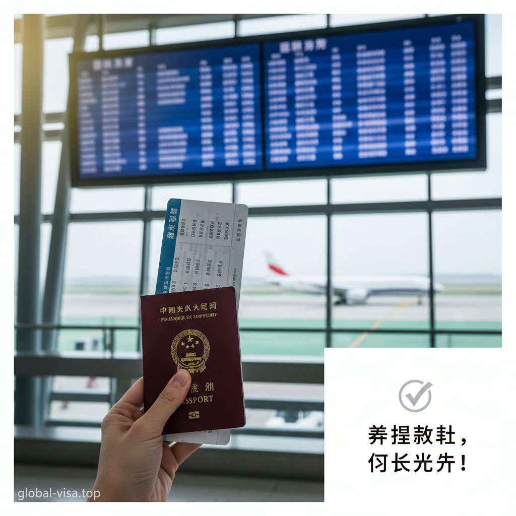 总结性的旅行场景图。视角为旅行者第一人称(POV)或侧后方视角,一只手拿着中华人民共和国护照和机票,背景是模糊的机场出发大厅显示屏或正在起飞的飞机。画面右侧或下方留白处可隐喻‘准备就绪’。色调清新自然,充满期待感,寓意所有手续已办妥,随时可以开启探索世界的旅程。