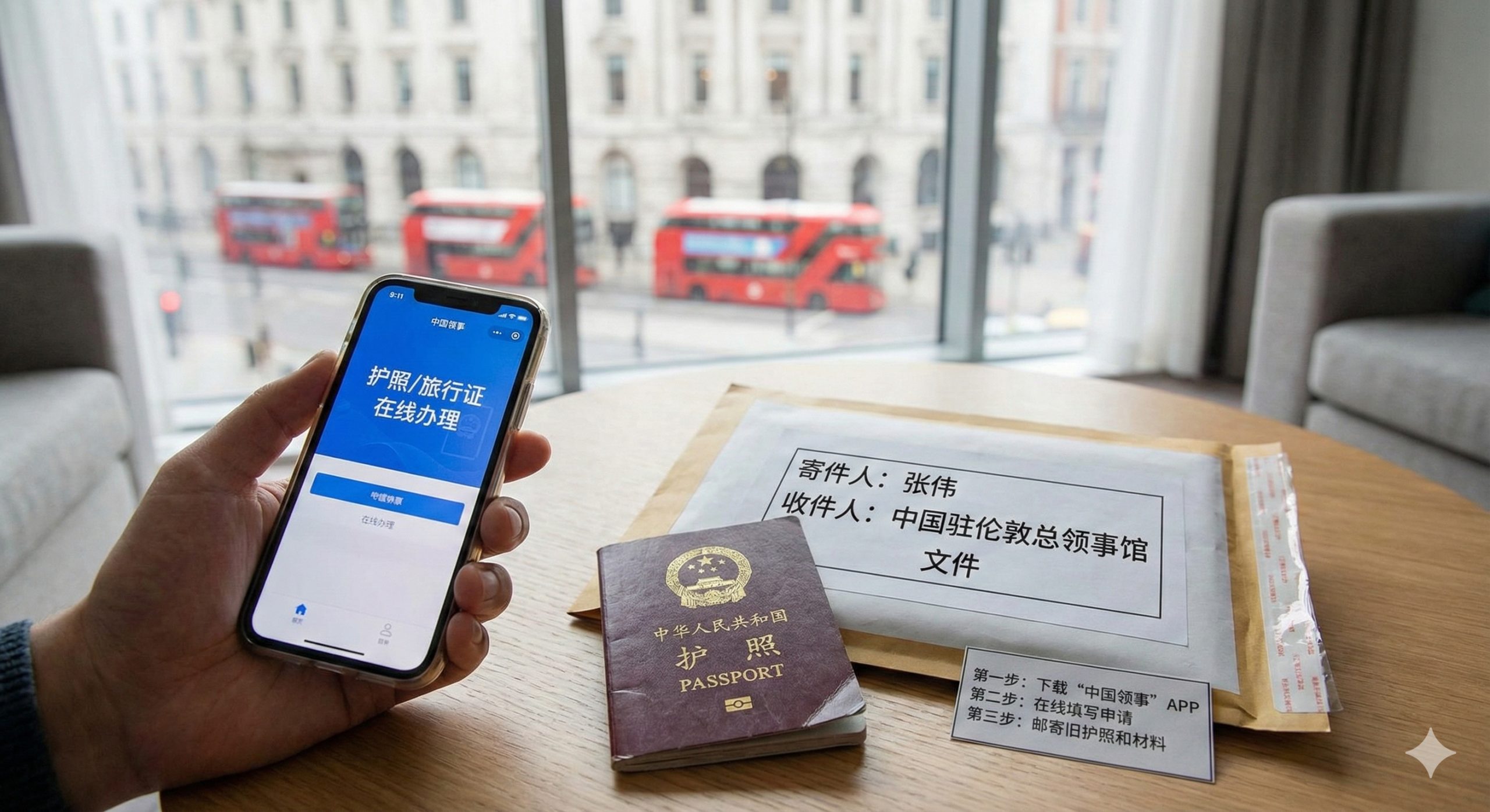 一张侧重于实操教程的摄影图片，展示在海外换发护照的场景。画面前景是一只手拿着智能手机，屏幕清晰显示“中国领事”APP的蓝色图标或界面。桌面上放着一本剪角的旧中国护照和一个待寄出的EMS或快递信封。背景是透过窗户看到的模糊国外城市街景（如伦敦或纽约的街道），光线自然清晰，突出现代化、便捷的在线办理流程。
