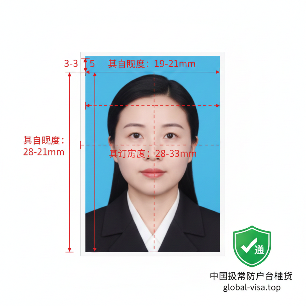 一张极具严谨感的特写图，展示一张标准的中国护照照片（33mm x 48mm）。照片上叠加了精确的标尺线和尺寸标注，重点突出了头部宽度和高度的合规范围。画面右下角有一个绿色的‘通过’盾牌徽章，背景是干净的纯白，强调合规性校验功能，消除用户被拒签的担忧。