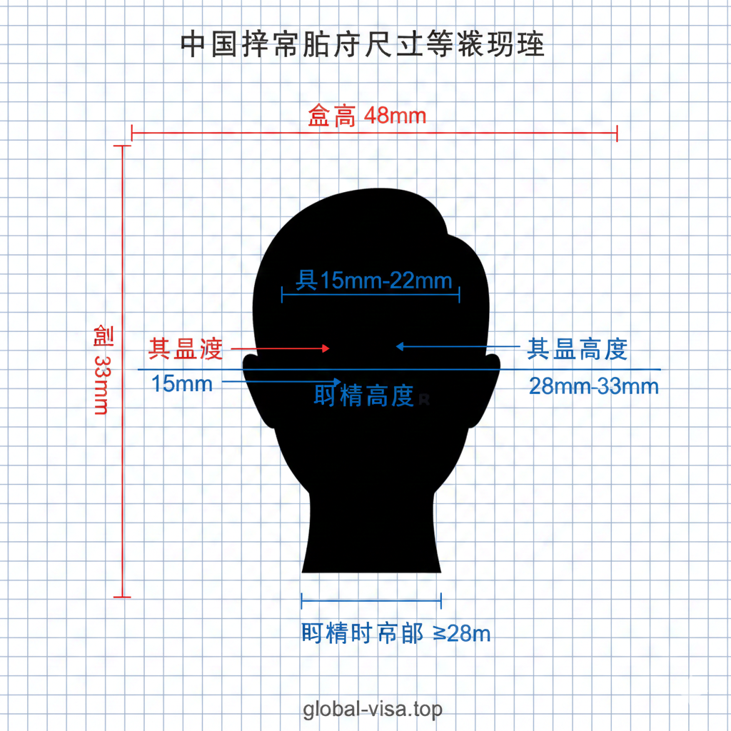 一张详细的技术规格图解，背景为网格纸纹理。图中展示了一个头部轮廓，用精准的蓝色或红色标尺线标注出所有关键尺寸：照片总宽33mm，总高48mm，头部宽度范围15mm-22mm，头部高度范围28mm-33mm，以及眼睛距离底部的最小距离28mm。数据清晰可见，视觉化地解释了'第一部分：尺寸与规格解读'的核心内容。