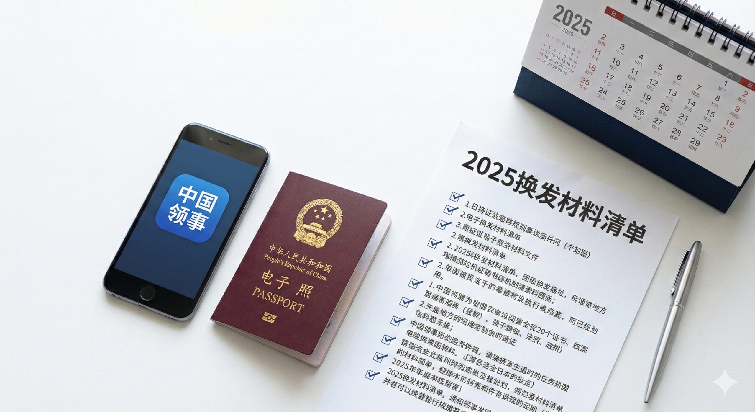 一张专业且具有吸引力的封面图,采用平铺俯视构图。画面中心放置一本深红色的中国电子护照,旁边是一部显示着'中国领事'APP图标的智能手机。背景是一张整洁的白色办公桌,上面放着一份打印好的'2025换发材料清单'表格,旁边有一支钢笔和一个标注着2025年的台历。光线明亮柔和,整体色调以商务蓝和护照红为主,传达出官方、正规且准备充分的视觉感受。