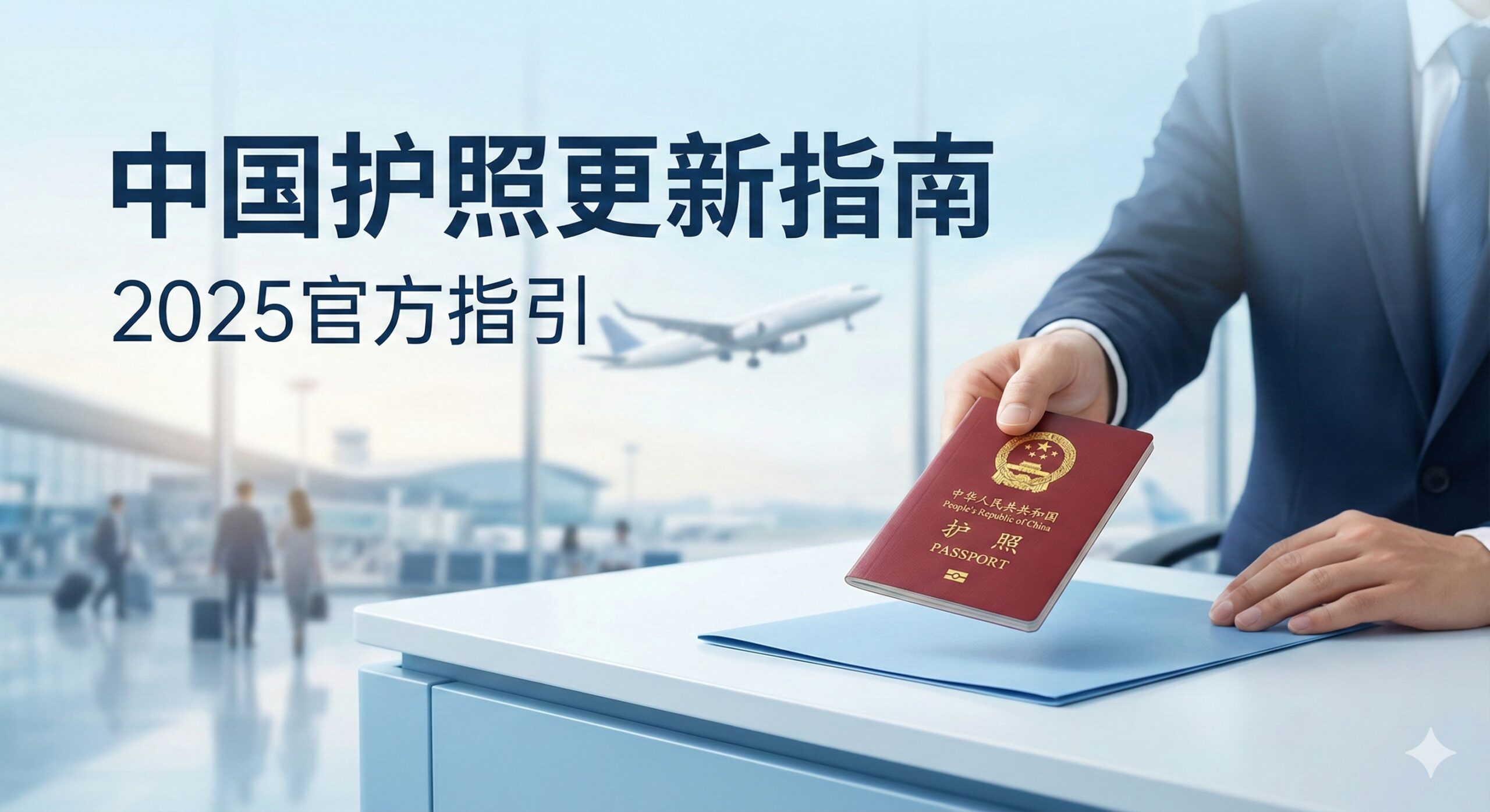 一张极具权威感与现代感的封面图。前景清晰展示一本中国护照(红色封面,国徽金光闪闪),放置在干净的办公桌面上或由一只手专业地递出。背景虚化,展示现代化的国际机场航站楼或起飞的飞机剪影,象征通往世界。整体色调采用global-visa.top的品牌色(商务蓝与高级白),光线明亮柔和,构图预留文字区域,视觉传达出2025年最新、最全官方指南的专业形象。