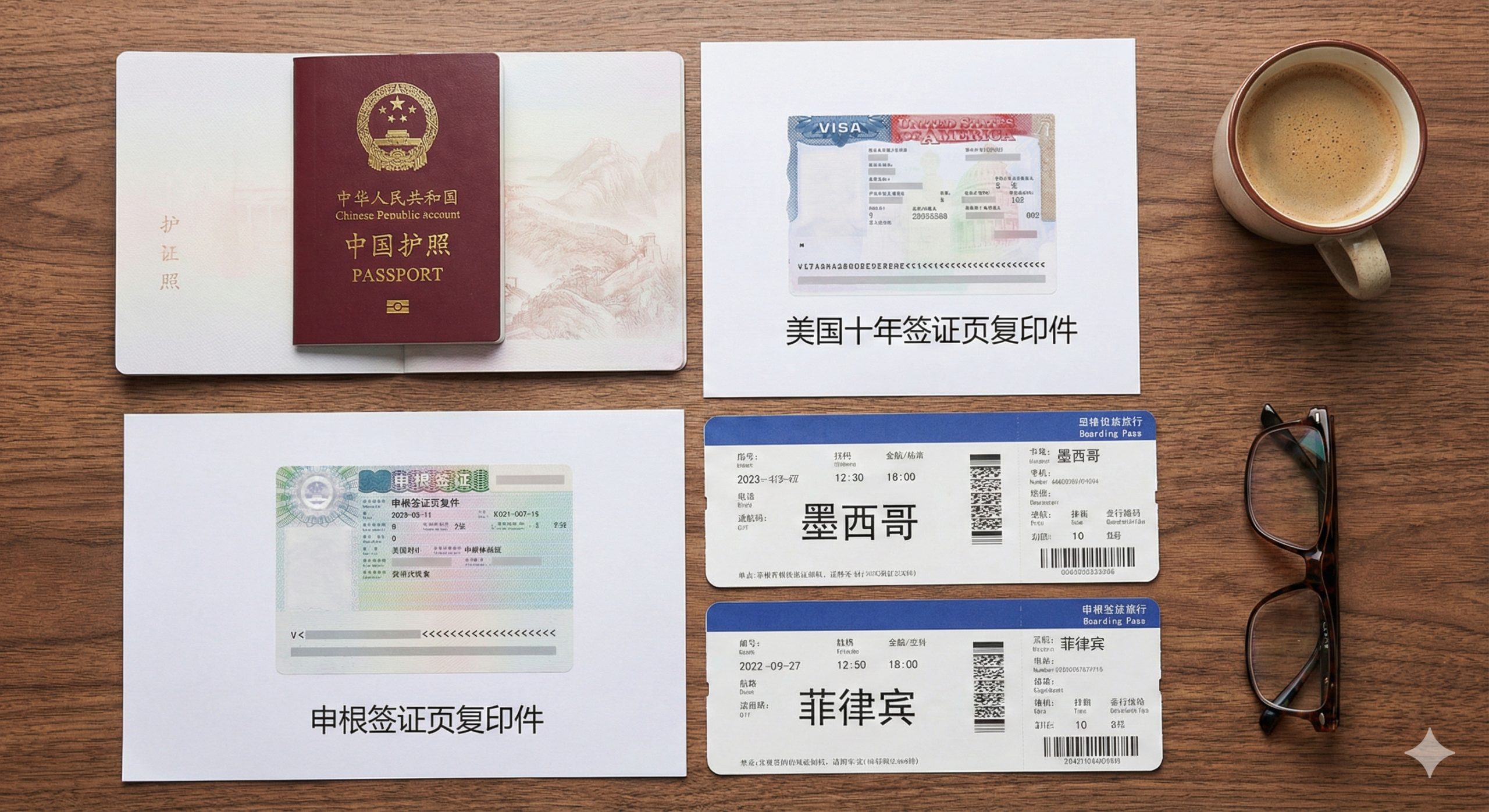 一张商务风格的平铺（Knolling）构图照片，展示“护照+签证”的搭配策略。木质桌面上整齐排列着一本中国护照、打印出来的美国十年签证页复印件、申根签证页，以及几张前往墨西哥、菲律宾等第三国的机票。旁边有一杯咖啡和一副眼镜，色彩搭配专业、冷静，传达出通过合理规划实现全球畅行的智慧与策略感。