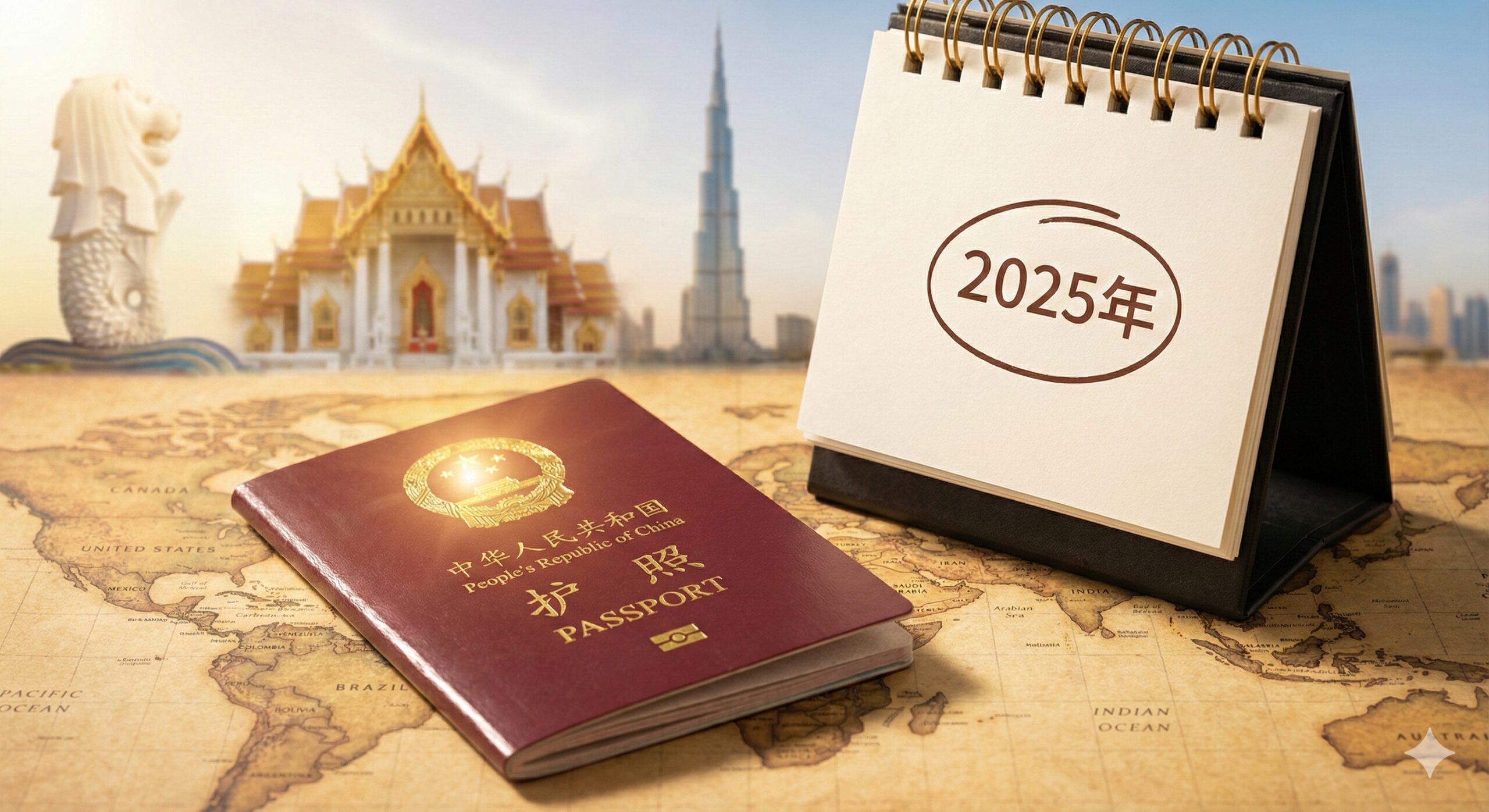 一张高清的商务风格摄影图,展示一本中华人民共和国普通护照放置在复古质感的世界地图上。护照旁边摆放着一个精致的台历,醒目地圈出了2025年的日期。背景中隐约可见新加坡鱼尾狮、泰国大皇宫和迪拜哈利法塔的虚化轮廓,象征着热门的免签目的地。光线温暖而明亮,金色的阳光洒在护照国徽上,营造出‘说走就走’的自由感与权威感,适合作为2025签证政策指南的封面图。
