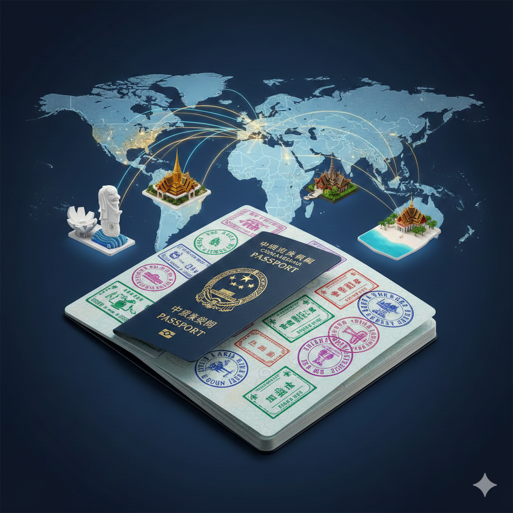 一张现代风格的概念插画或合成摄影，视觉中心是一本打开的中国护照，页面上盖满了色彩斑斓的各国入境章。护照周围环绕着微缩的3D地标模型，代表热门免签国家（如新加坡鱼尾狮、泰国佛塔、马尔代夫海滩）。背景是一张发光的数字连接地图，线条从中国延伸至世界各地，象征着2025年中国护照含金量的提升和免签版图的扩大，色调明亮、充满活力。