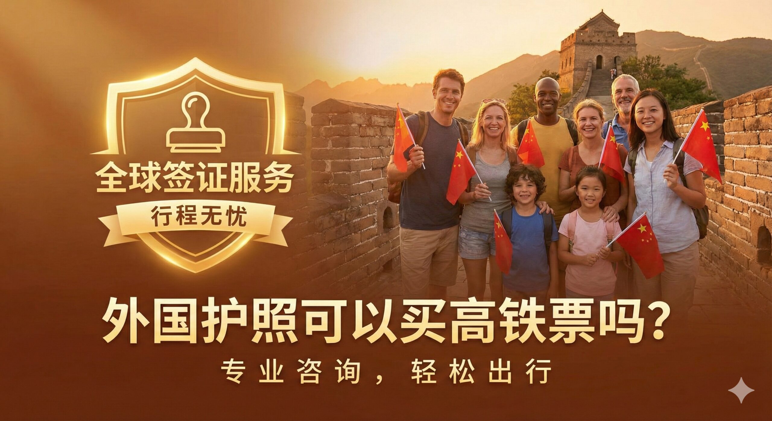 一张温馨且具有号召力的总结图片。画面展示几位不同国籍的游客在中国标志性景点（如长城或外滩）合影，表情轻松愉快。画面一侧巧妙融合了global-visa.top的品牌元素或‘签证服务’、‘行程无忧’的概念图标（如盾牌、签证印章）。色调采用金黄色或暖橙色，象征着通过专业的签证和咨询服务，让外国人在华的衣食住行（包括高铁出行）变得简单美好，激发用户的咨询欲望。