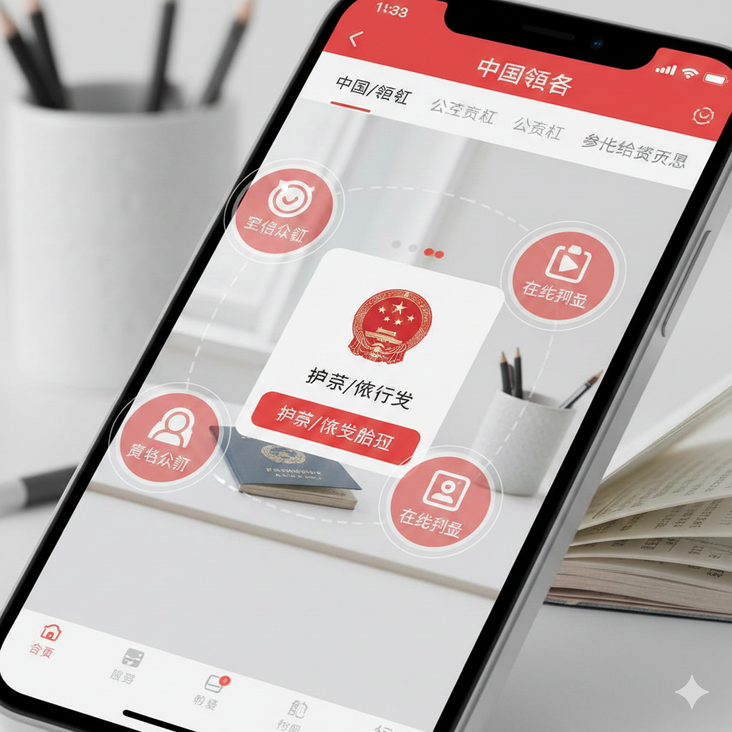 特写镜头展示智能手机屏幕上的“中国领事”APP操作界面,重点聚焦在“护照/旅行证”办理入口。屏幕周围漂浮着半透明的科技感图标,分别代表“实名认证”、“人脸识别”和“在线填表”三个核心功能。背景是干净简约的居家桌面,暗示足不出户即可办理。图片风格采用微距摄影结合UI设计,色彩以APP官方的红白色调为主,旨在直观展示移动端操作的便捷性。