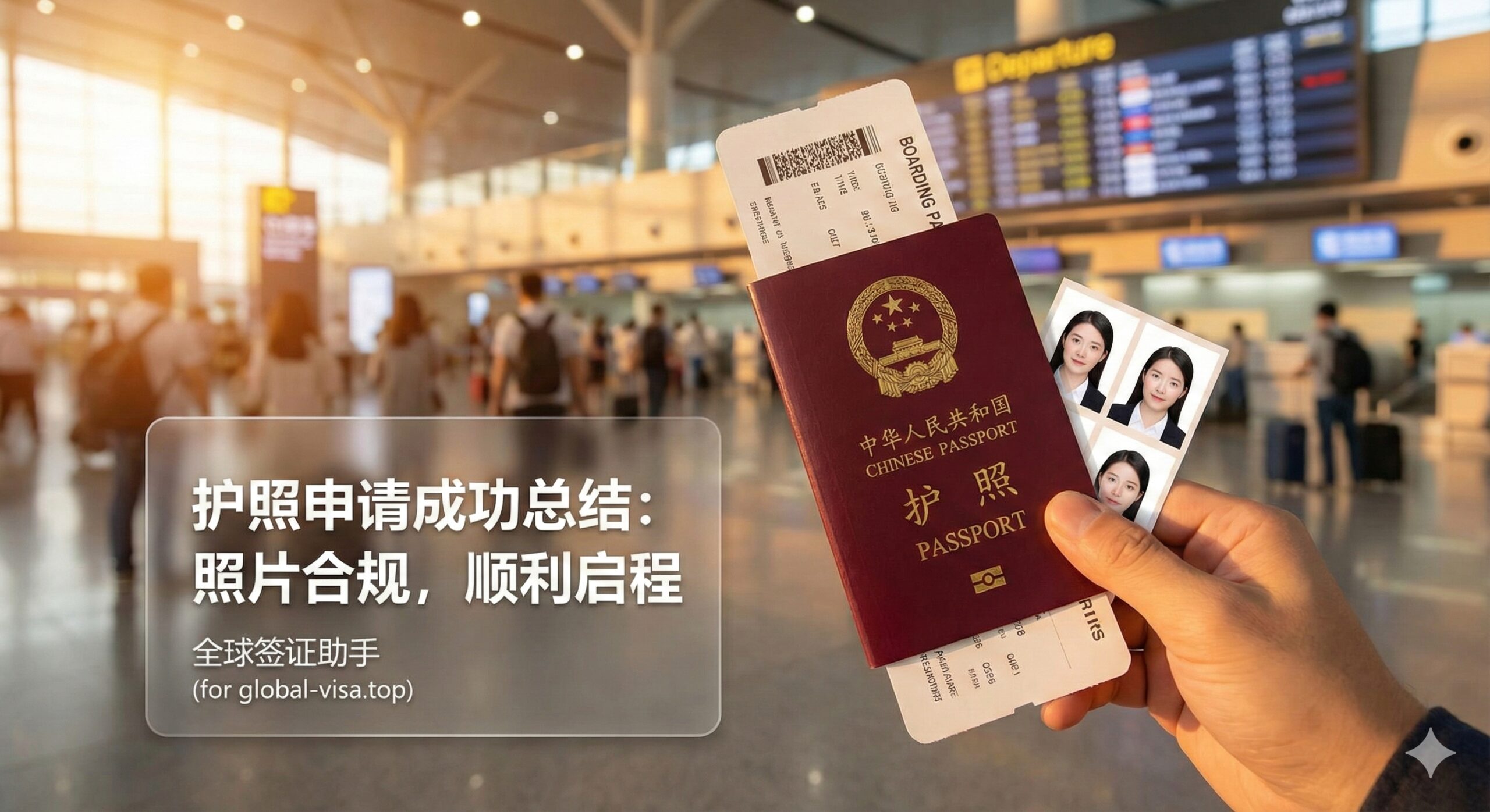 一张充满旅行期待感的总结图片,特写镜头展示一只手拿着中国护照和登机牌,背景虚化显示繁忙的国际机场候机大厅或模糊的世界地图。护照旁边隐约可见几张裁剪好的标准白底证件照,光线温暖舒适,寓意照片合格后顺利拿到护照并开启全球旅程,激发用户的行动欲望。